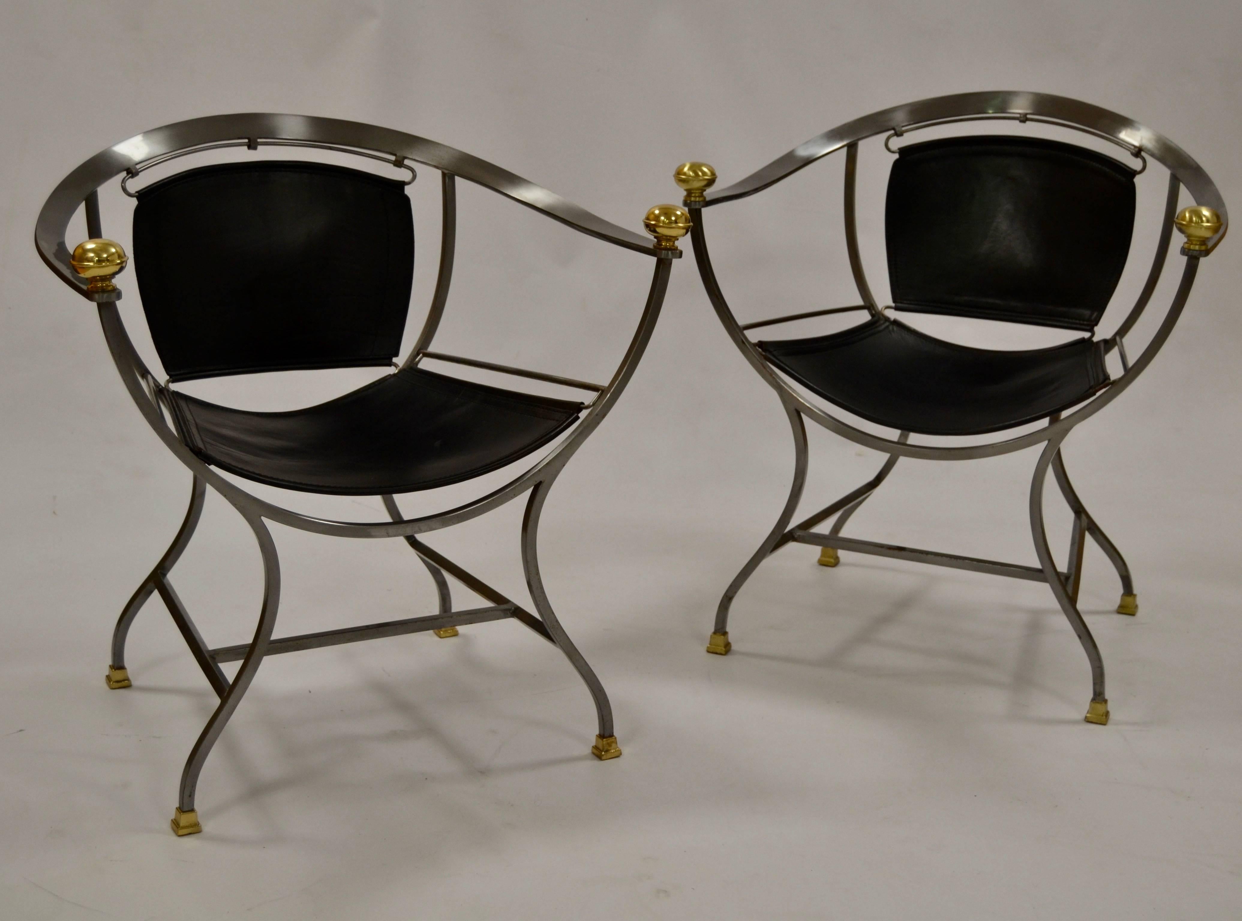Pair of 1970s steel. Bronze and black leather armchairs by the Italian designer Alberto Orlandi Pompei model.