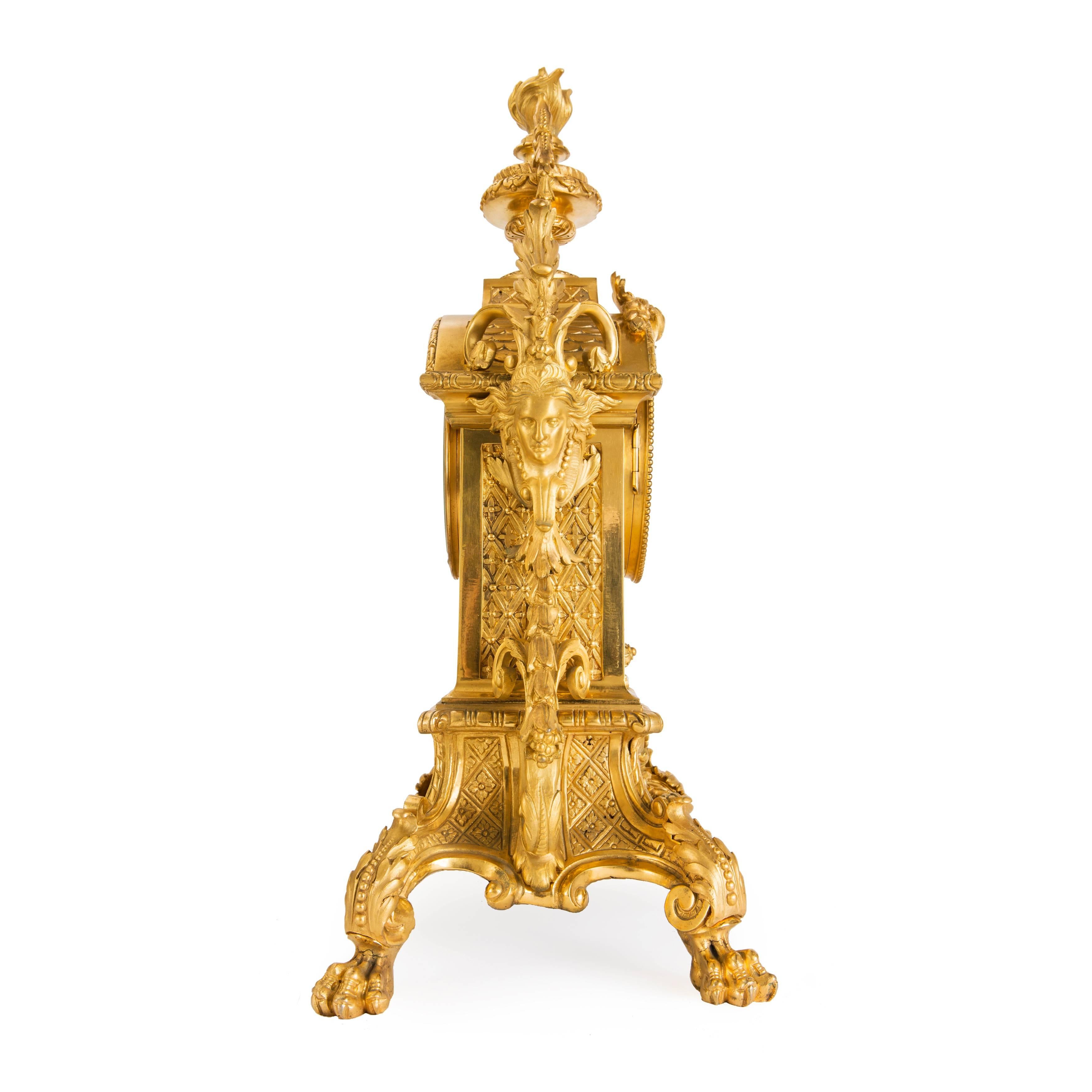 French Neo-Gothic antique three piece ormolu clock set For Sale