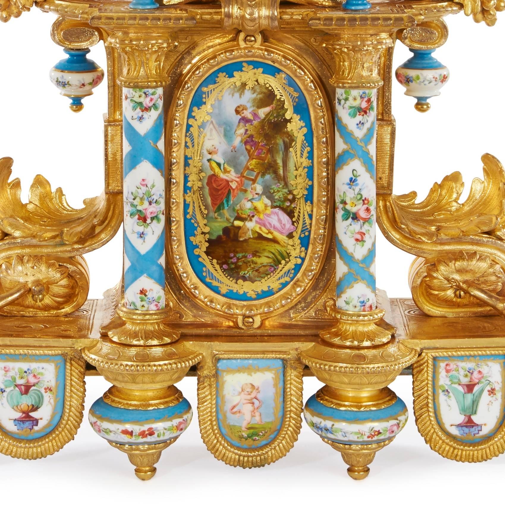 Napoleon III Rococo Style Ormolu and Porcelain Antique Mantel Clock