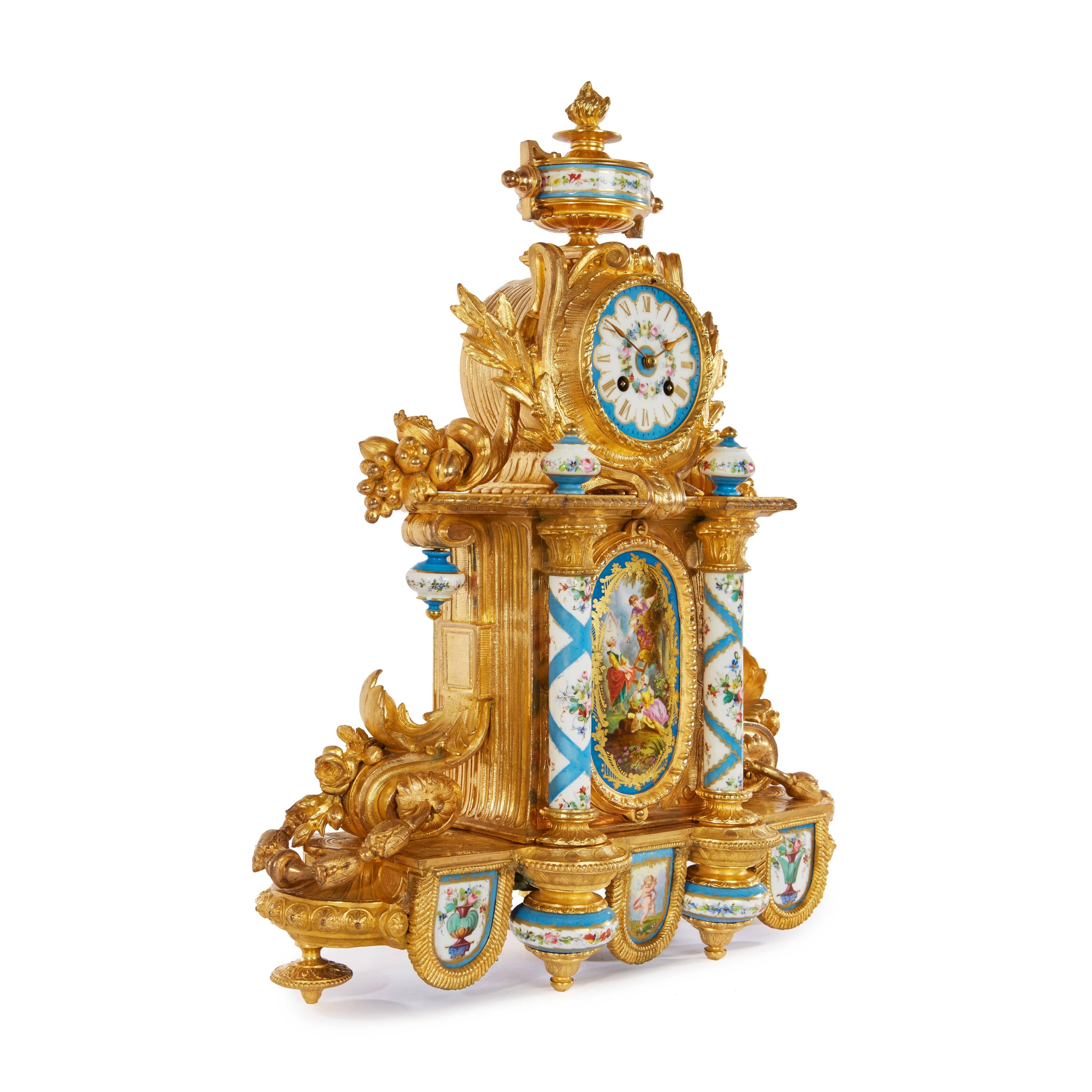 French Rococo Style Ormolu and Porcelain Antique Mantel Clock