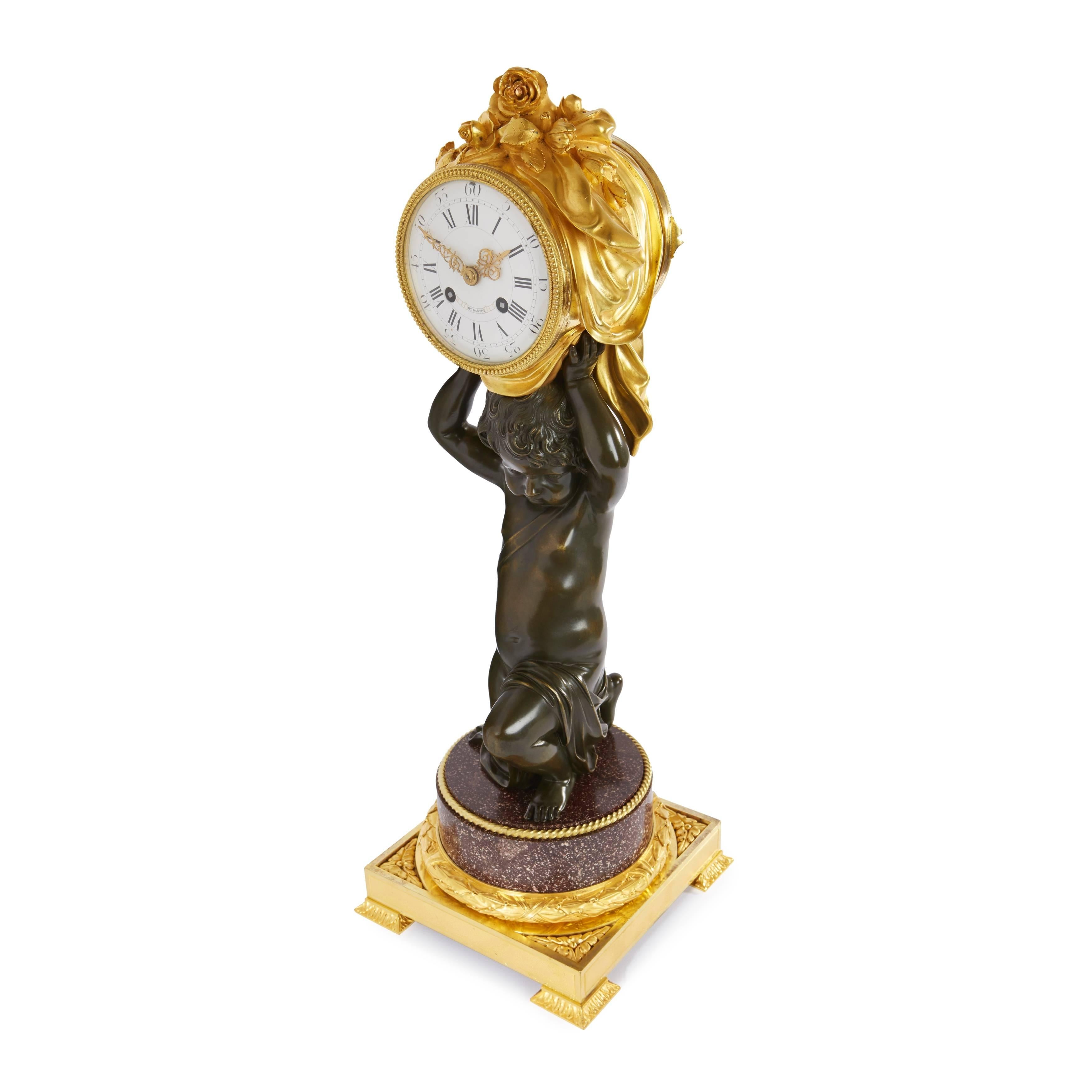 Belle Époque Fine Porphyry, Gilt and Patinated Bronze Three-Piece Clock Set by H. Dasson