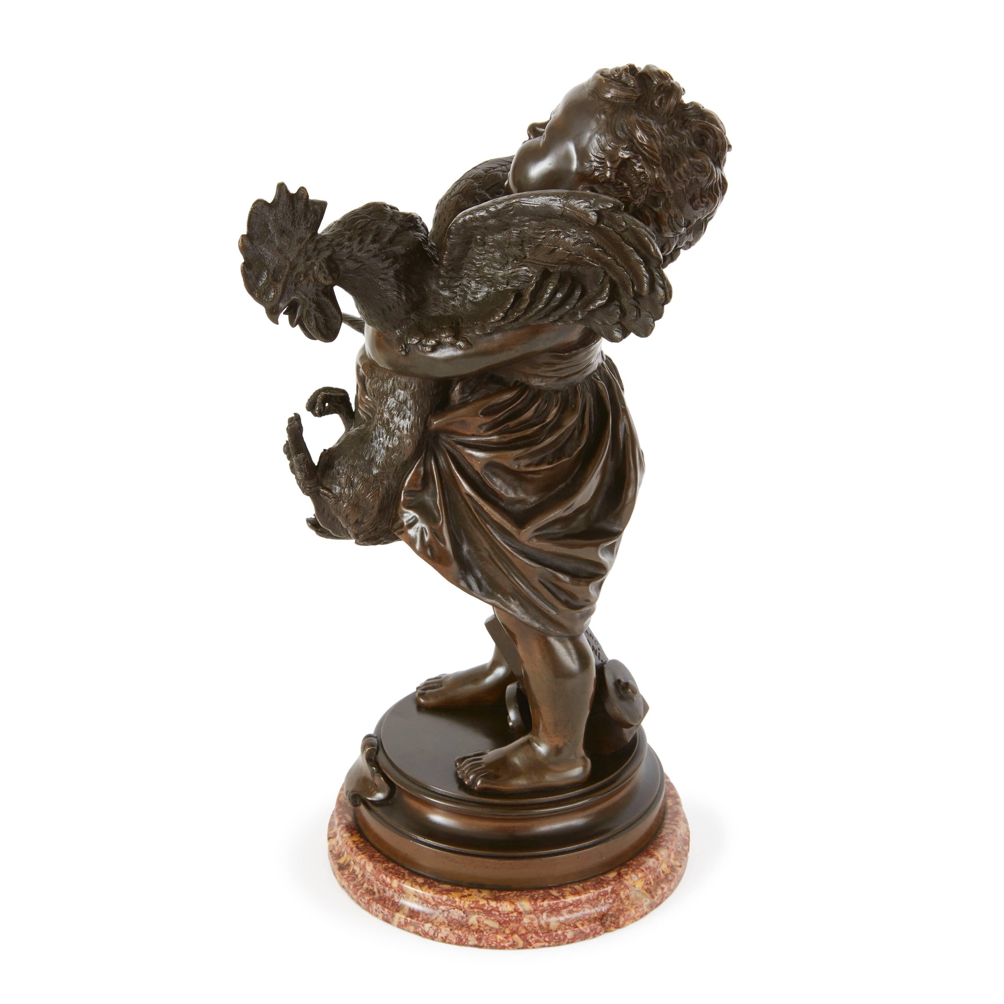 Italian Patinated Bronze Group of a Child Holding a Rooster 