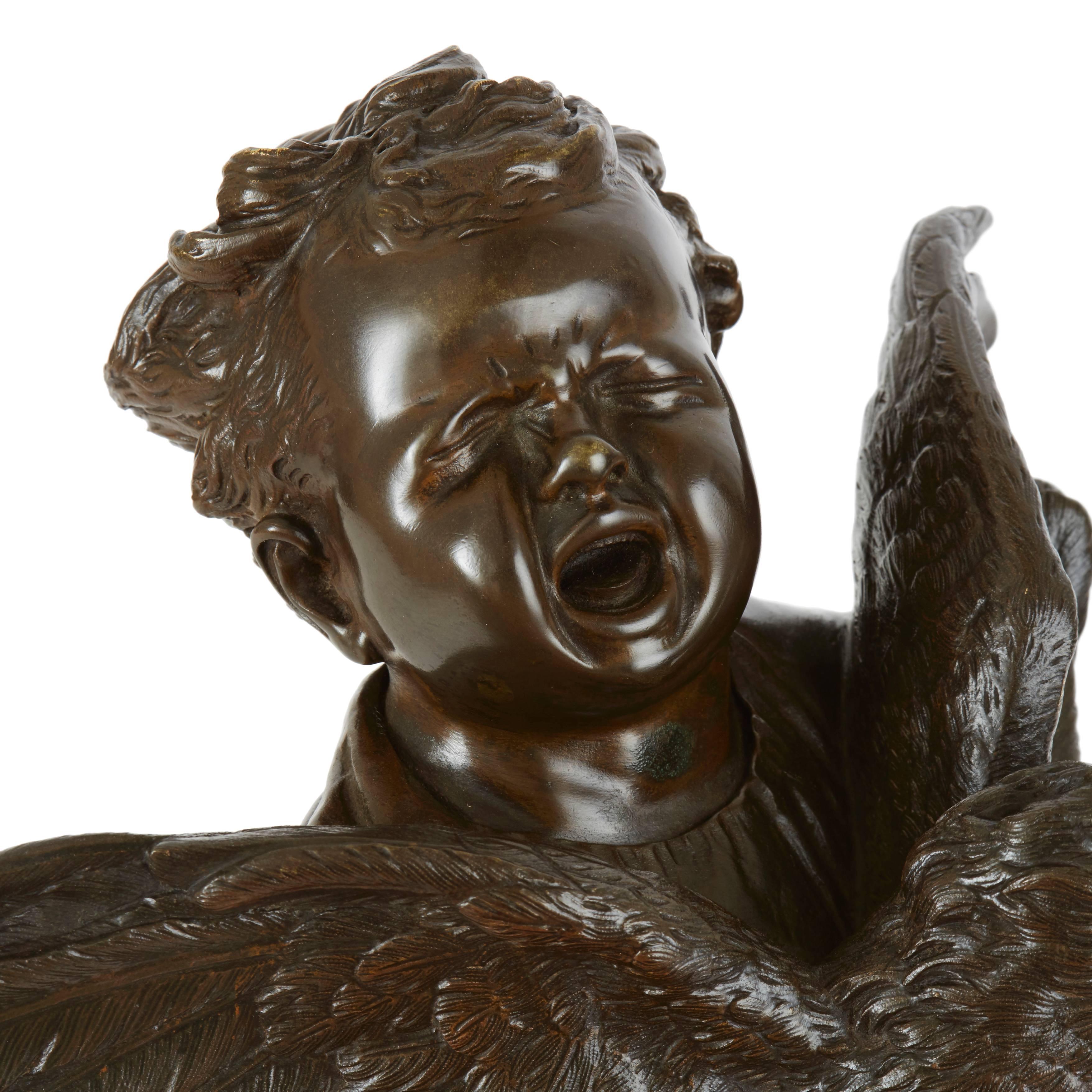 19th Century Patinated Bronze Group of a Child Holding a Rooster 