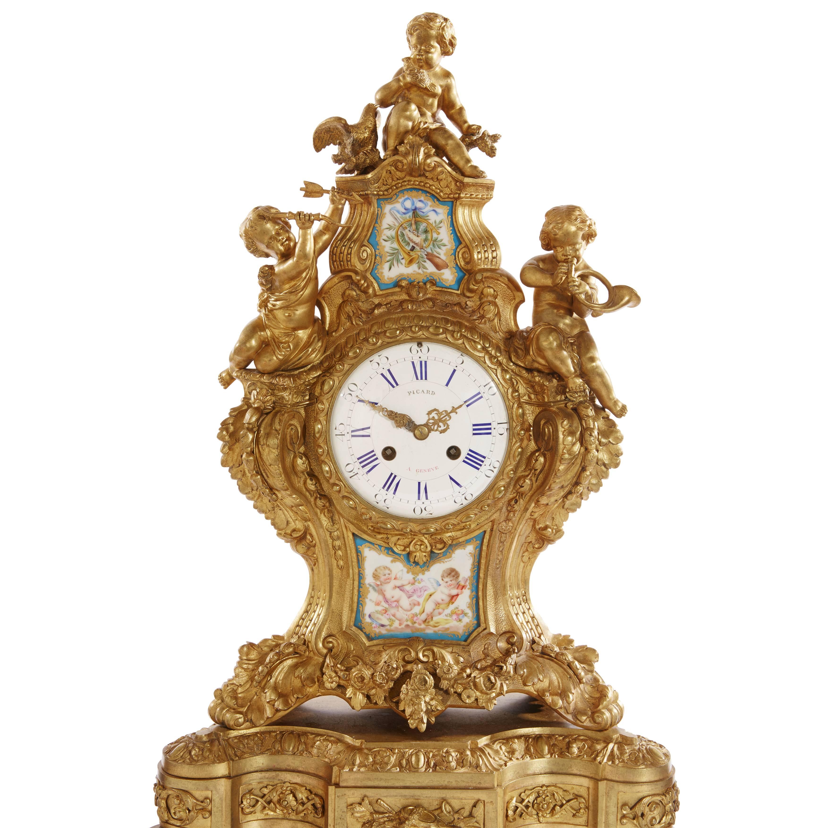 Belle Époque Sèvres Style Porcelain Mounted Ormolu Three-Piece Clock Set by H. Picard For Sale