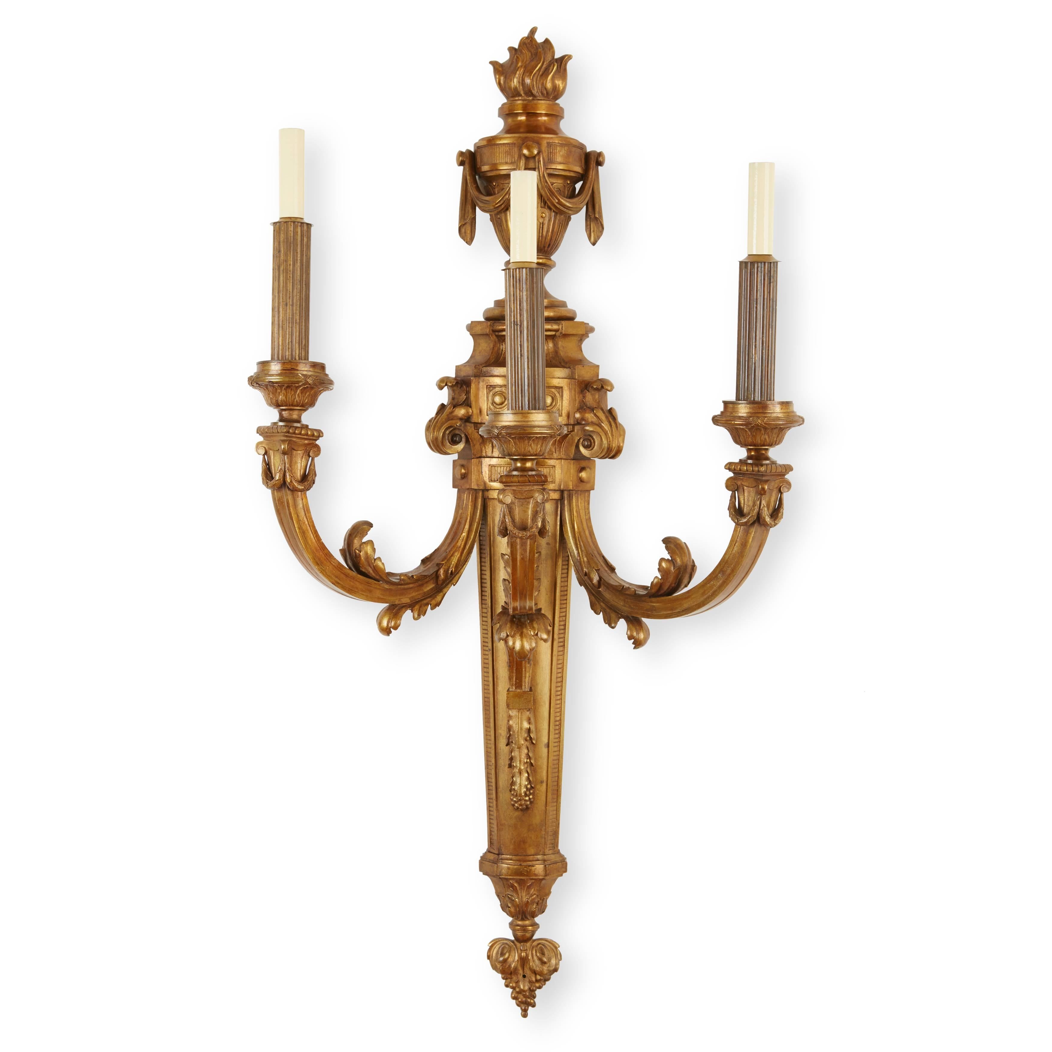 French Extremely Large Pair of Louis XVI Style Three-Branch Ormolu Wall Lights For Sale