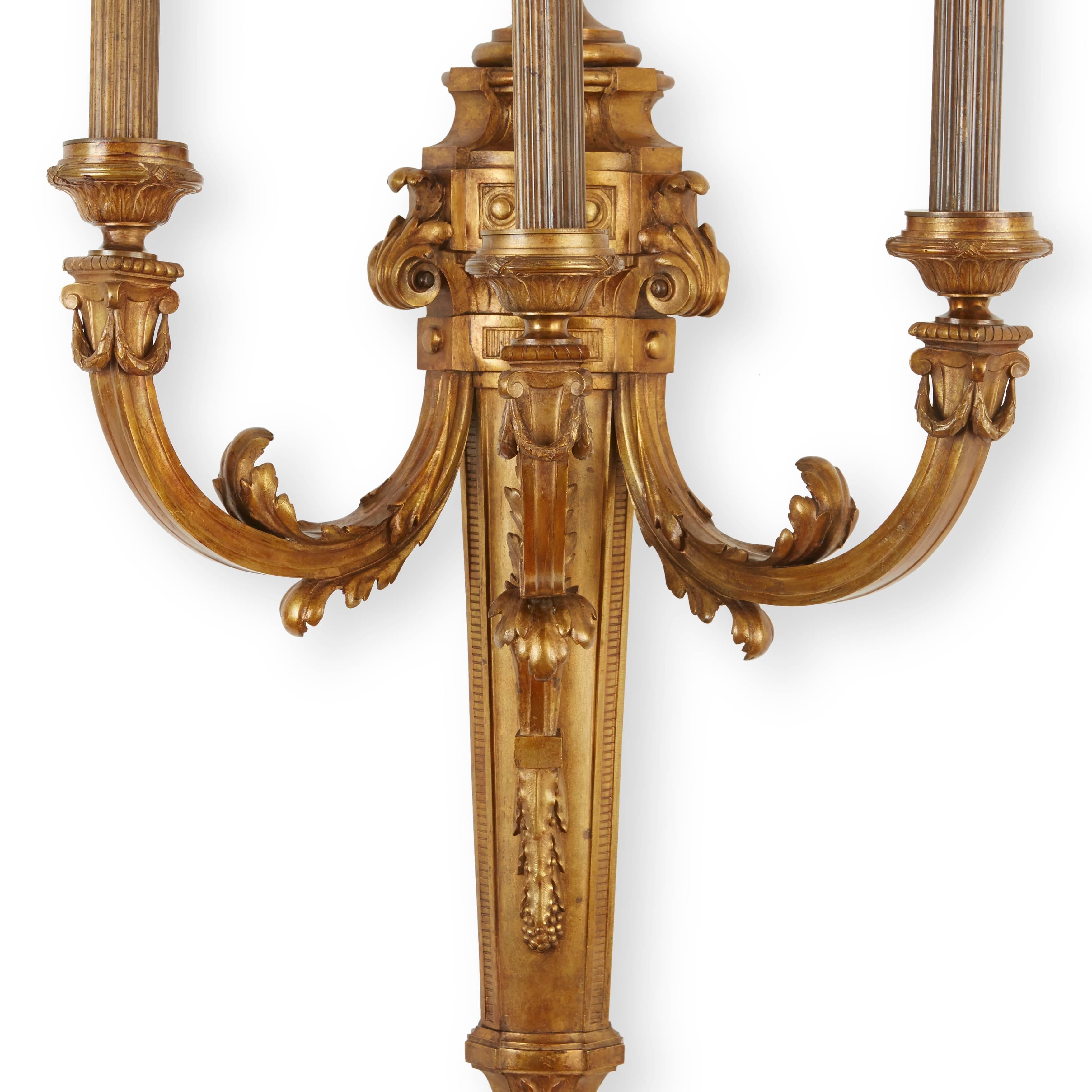 Extremely Large Pair of Louis XVI Style Three-Branch Ormolu Wall Lights In Good Condition For Sale In London, GB