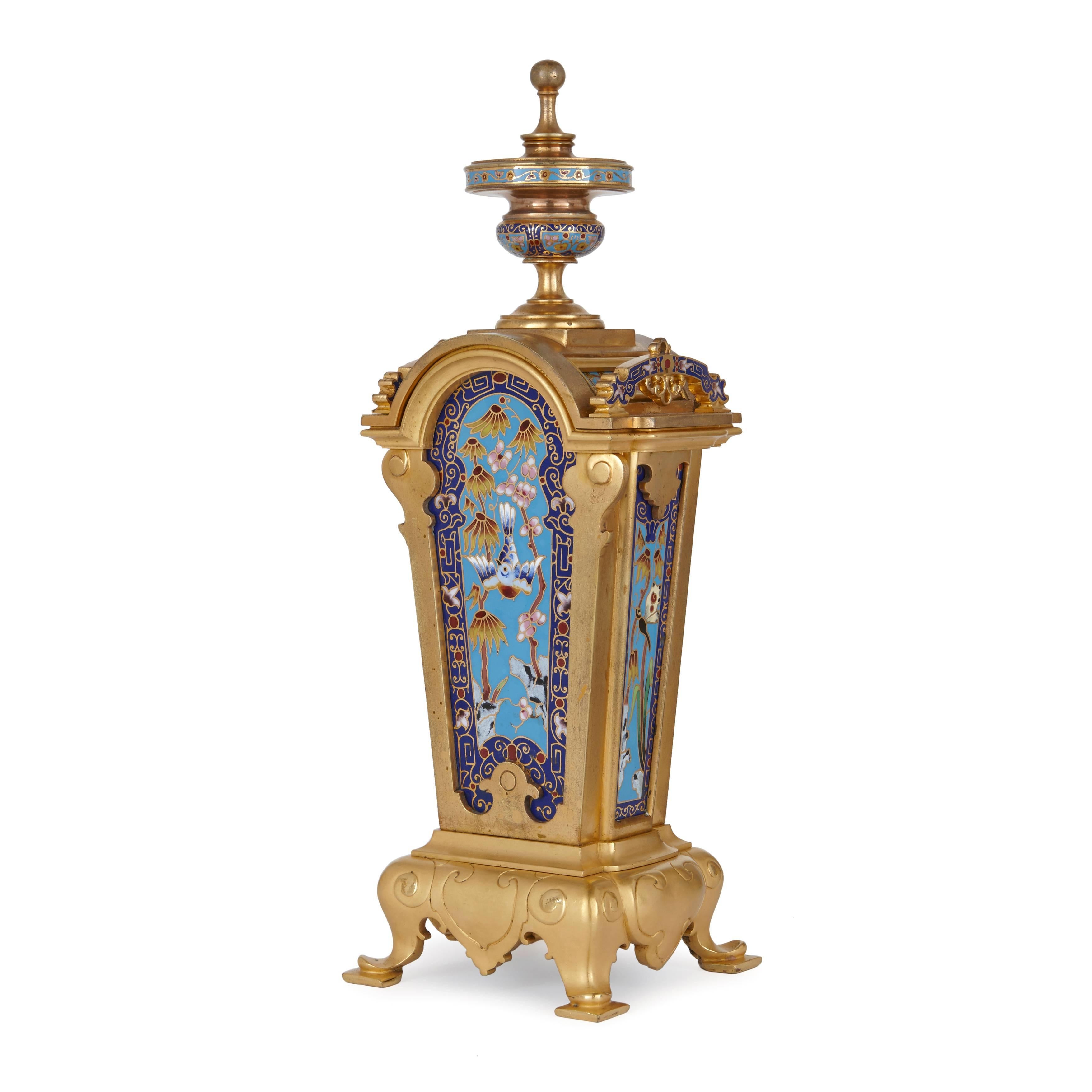Cloissoné Ormolu and Cloisonné́ Enamel Orientalist Clock Set For Sale
