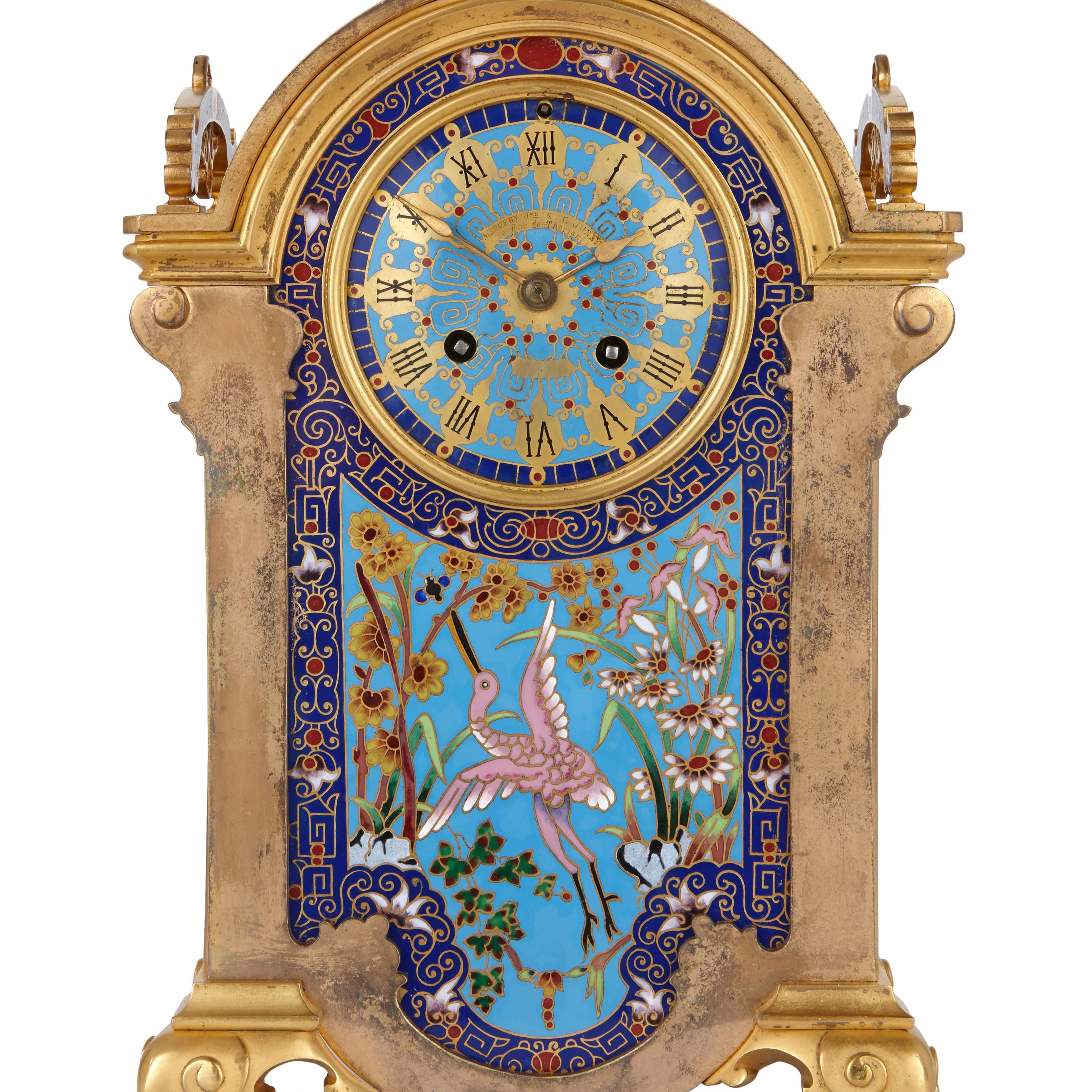 French Ormolu and Cloisonné́ Enamel Orientalist Clock Set For Sale