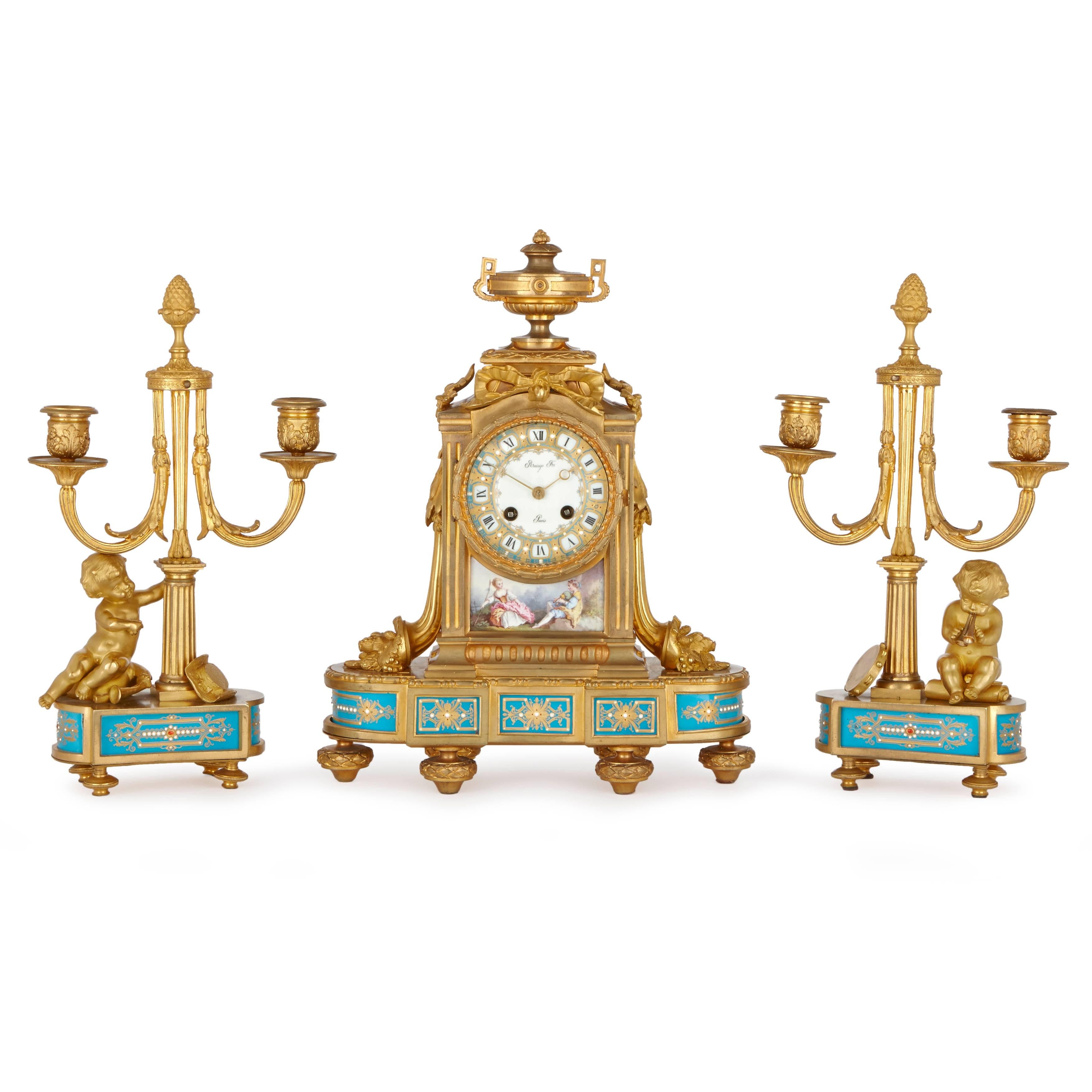 Porcelain Mounted Ormolu Antique French Three Piece Clock Set For Sale