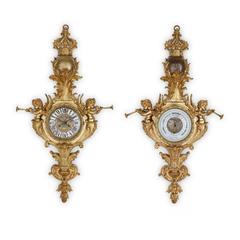 Antike französische Goldbronze-Uhr und Barometer-Set im neoklassischen Stil von Mottheau