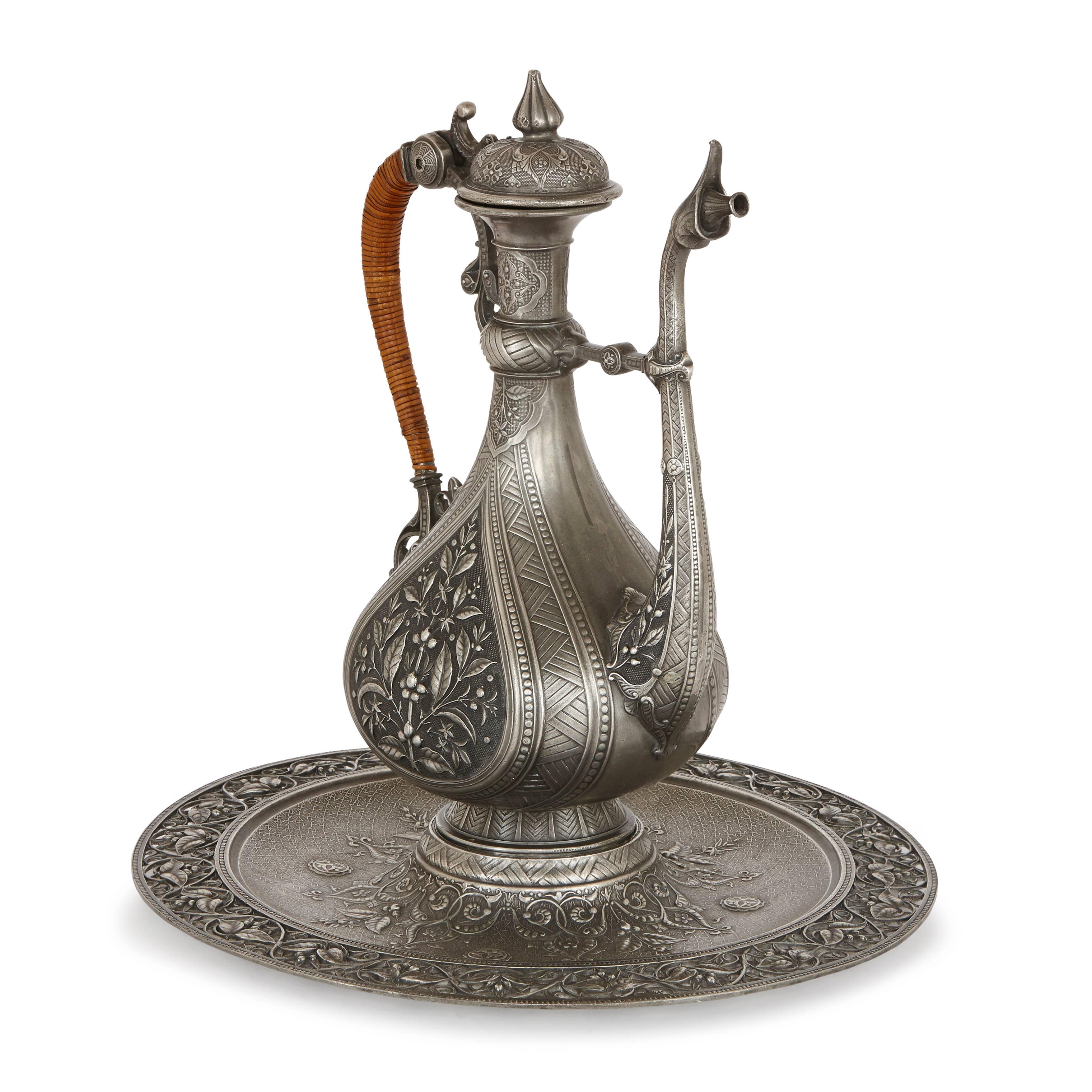 Islamic Finely Engraved Antique Pewter Ewer and Basin by J. Brateau For Sale