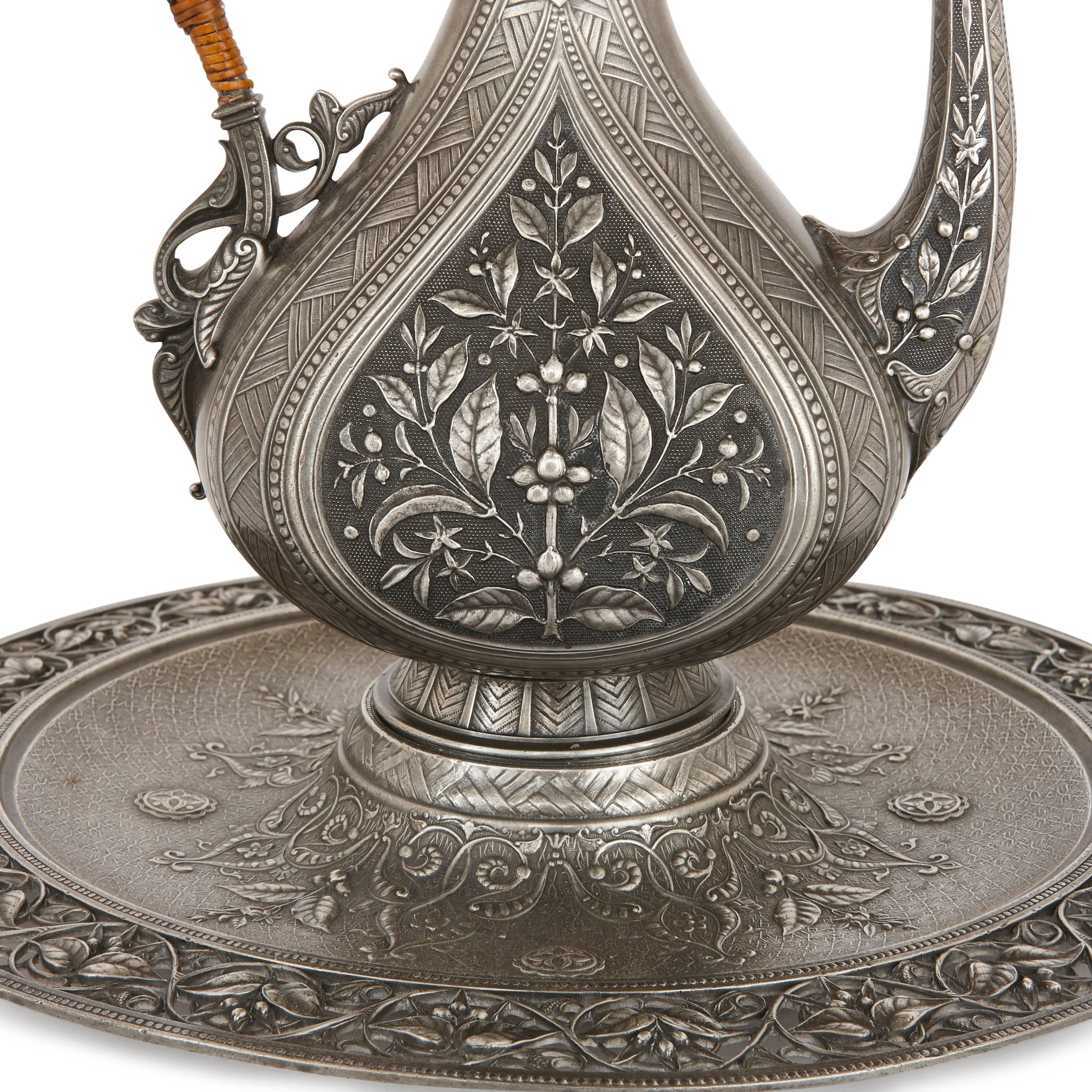 French Finely Engraved Antique Pewter Ewer and Basin by J. Brateau For Sale