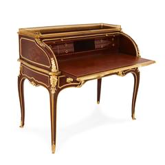 Ormolu-Mounted Mahogany, Amaranth and Walnut Parquetry Roll Top Antique Desk