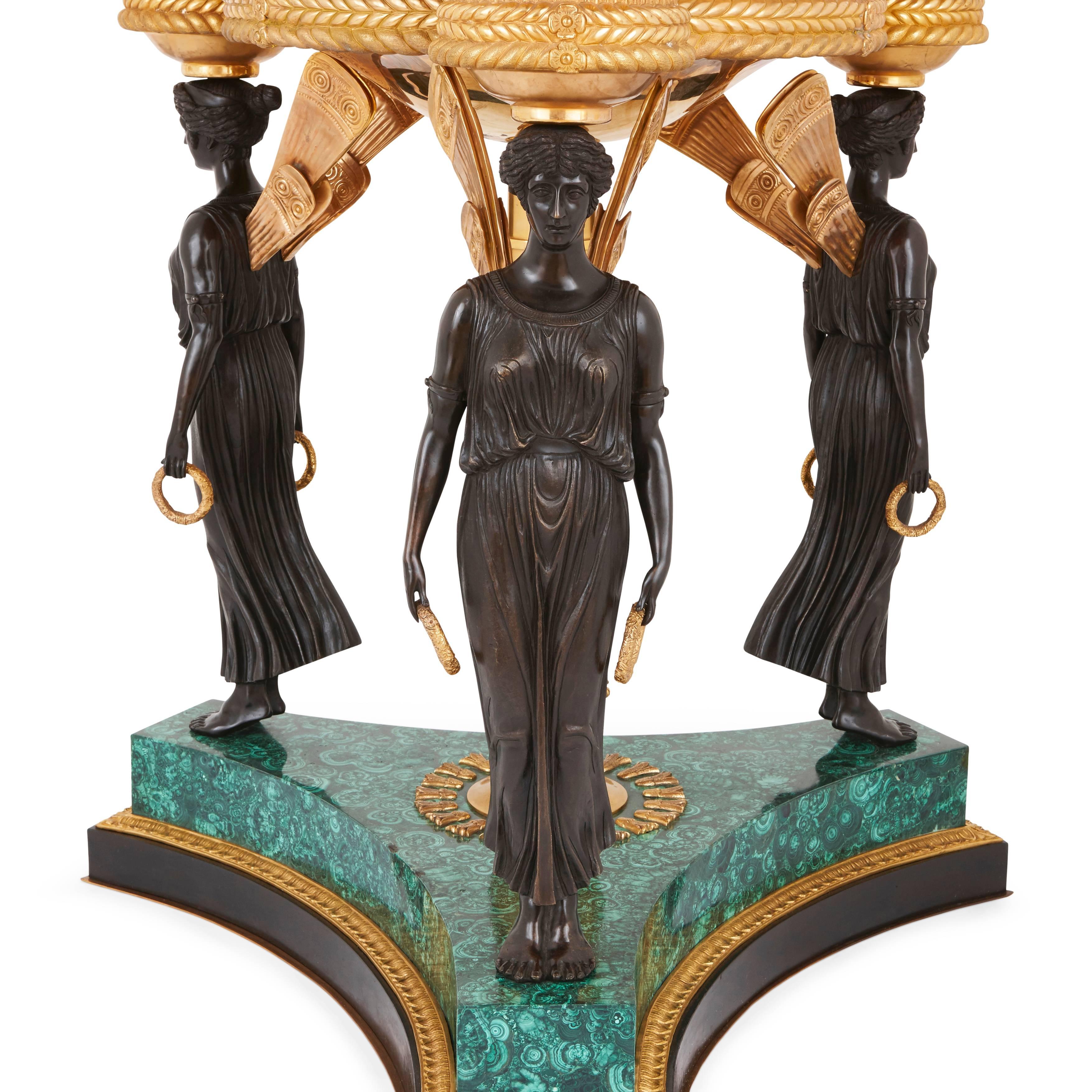 French Pair of Empire Style Gilt, Patinated Bronze and Malachite Antique Jardinières