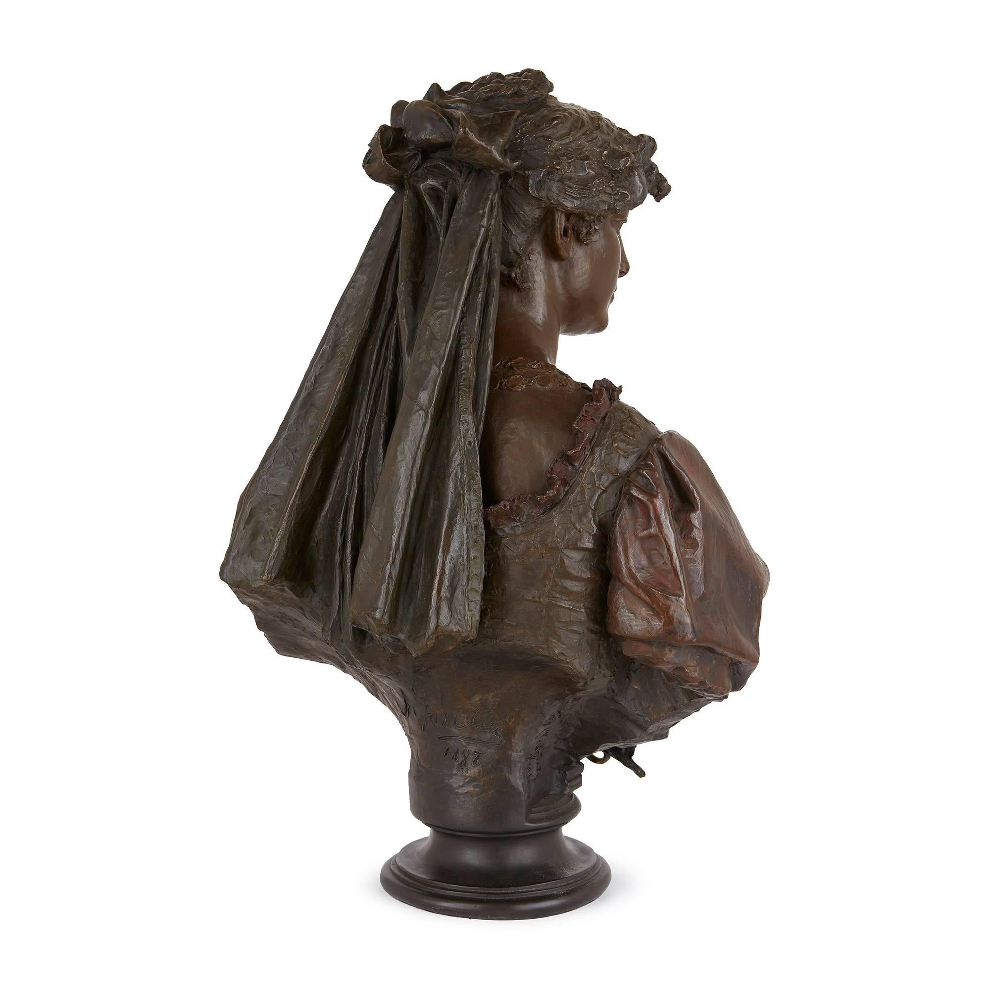 Pair of Antique Patinated Bronze Busts of Othello and Desdemona by Garella In Good Condition For Sale In London, GB