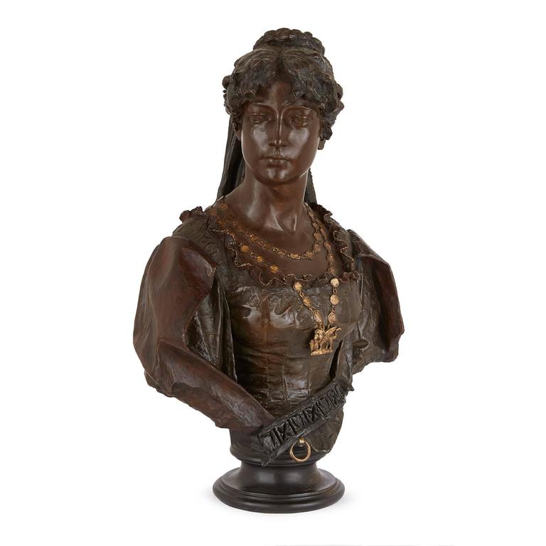 Pair of Antique Patinated Bronze Busts of Othello and Desdemona by