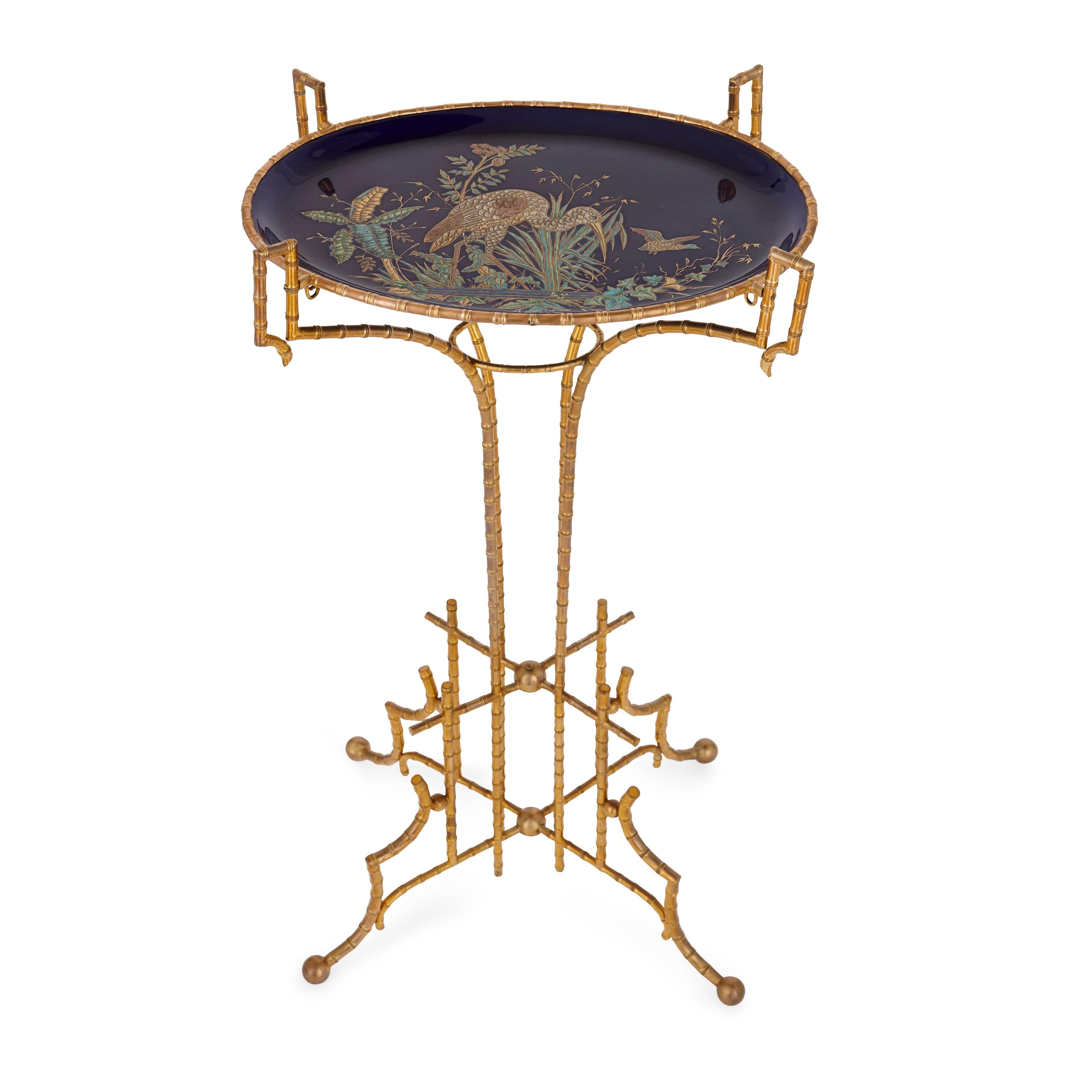 French Antique Chinoiserie Side Table with Ormolu Base Imitating Bamboo