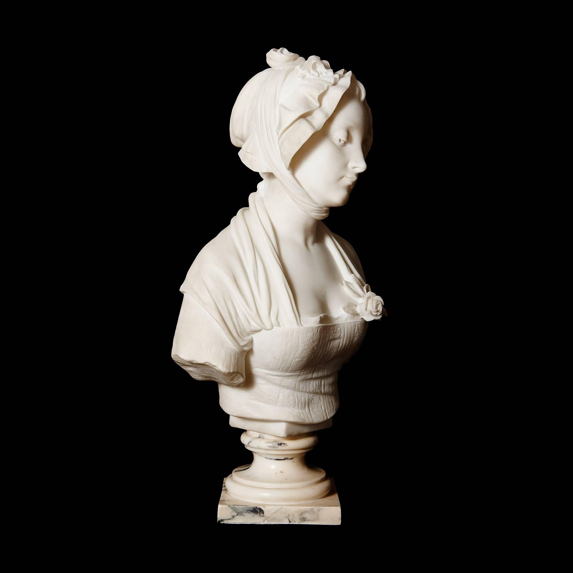 Depicting a young maiden wearing a bonnet, on a veined white marble pedestal.

This antique work is a rare example of a marble bust by the French sculptor Laurent, making it an extremely collectable and impressive piece.