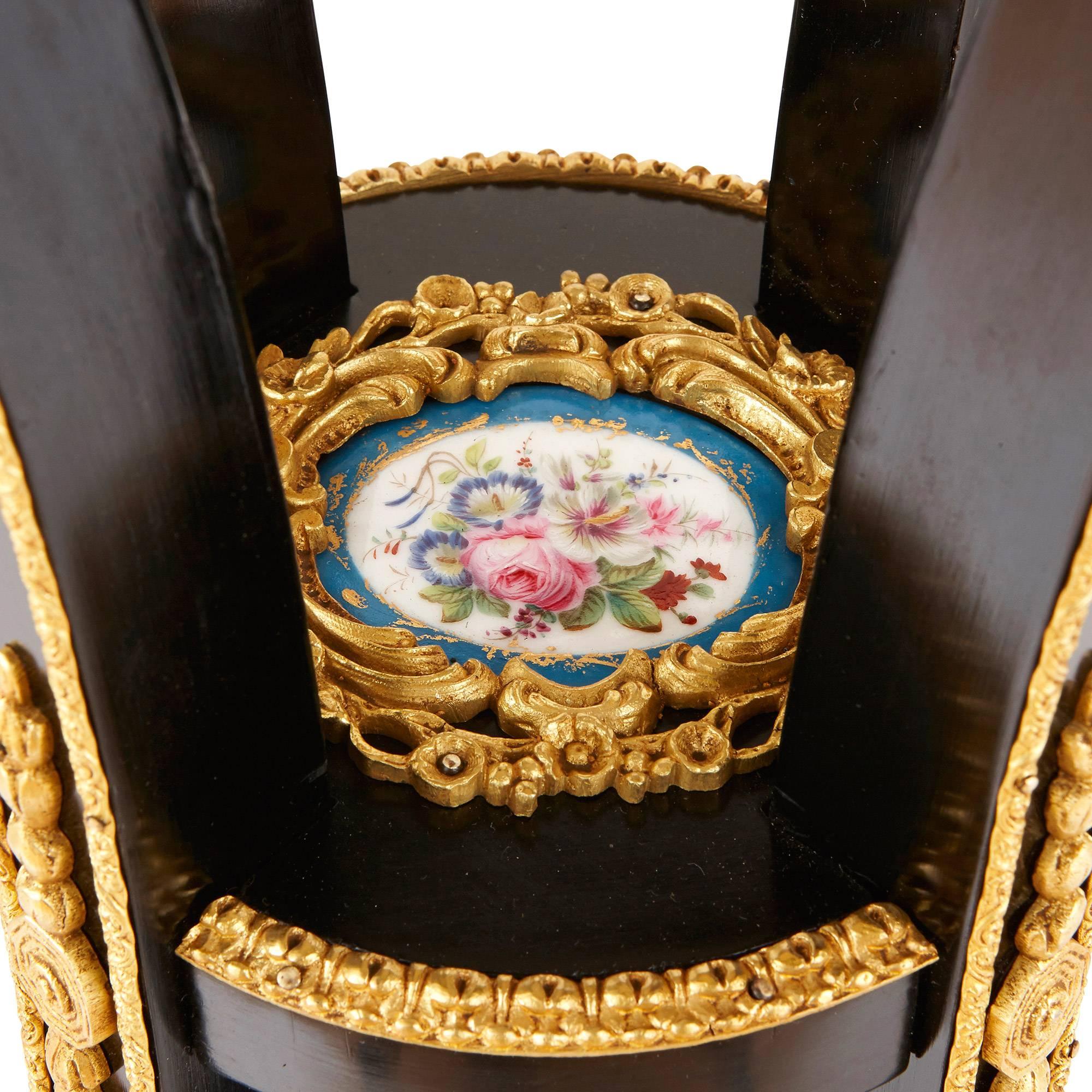 19th Century Ebonised Wood Table with Sèvres-Style Porcelain and Ormolu Mounts For Sale