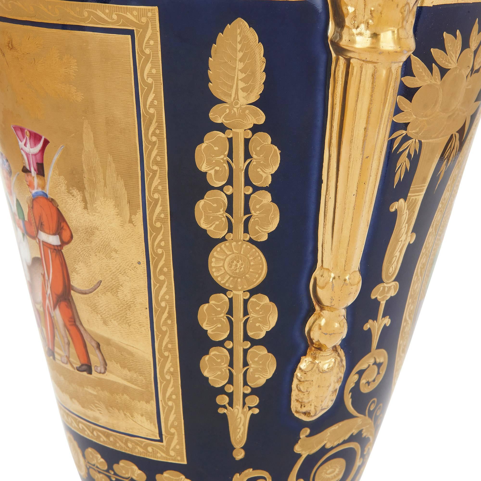 Gilt Empire Period Paris Porcelain Antique Painted Vase For Sale