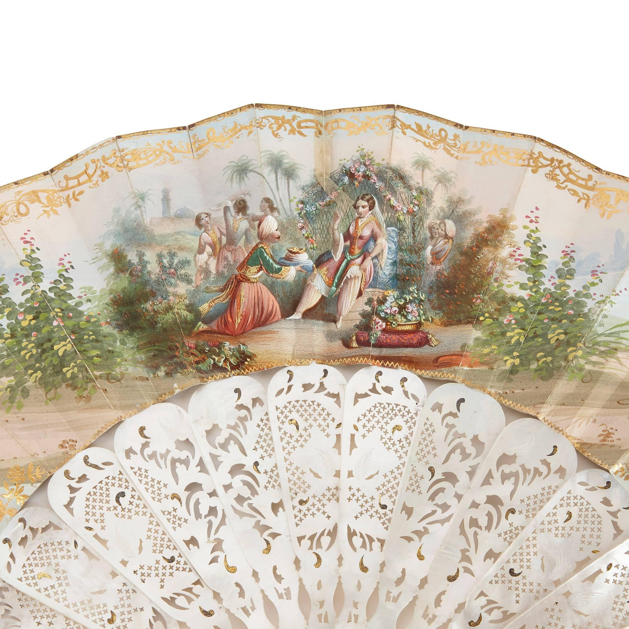 French Parcel-Gilt, Mother-of-Pearl, Silk and Paper Antique Fan