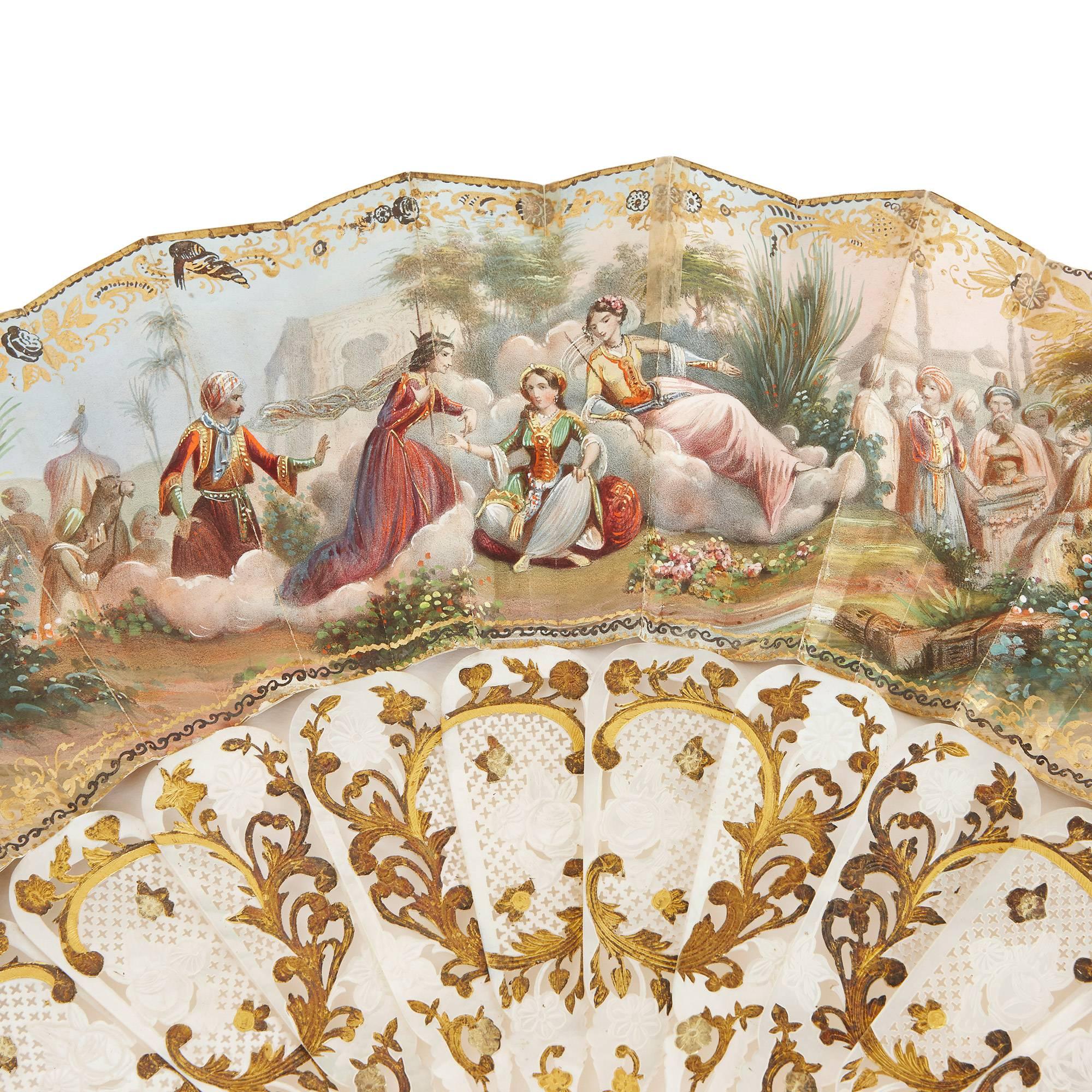 Made for the Turkish market; the mother-of-pearl sticks finely pierced with gold decoration, the paper fan painted with a middle eastern scene with figures, in a gold mounted, silk box.

This exquisite French fan, featuring an exquisitely rendered