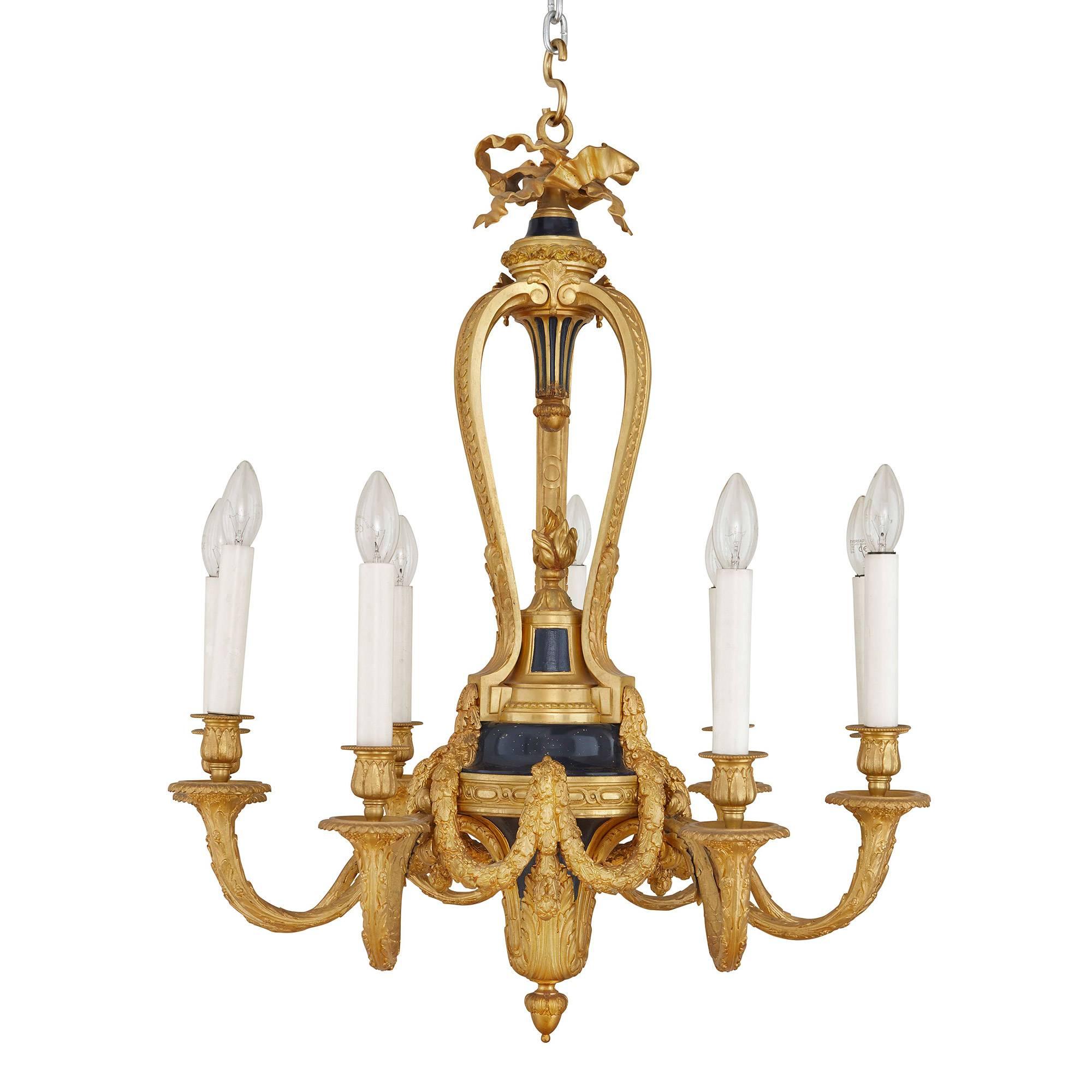French Belle Époque style gold ormolu and blue detail nine light chandelier For Sale