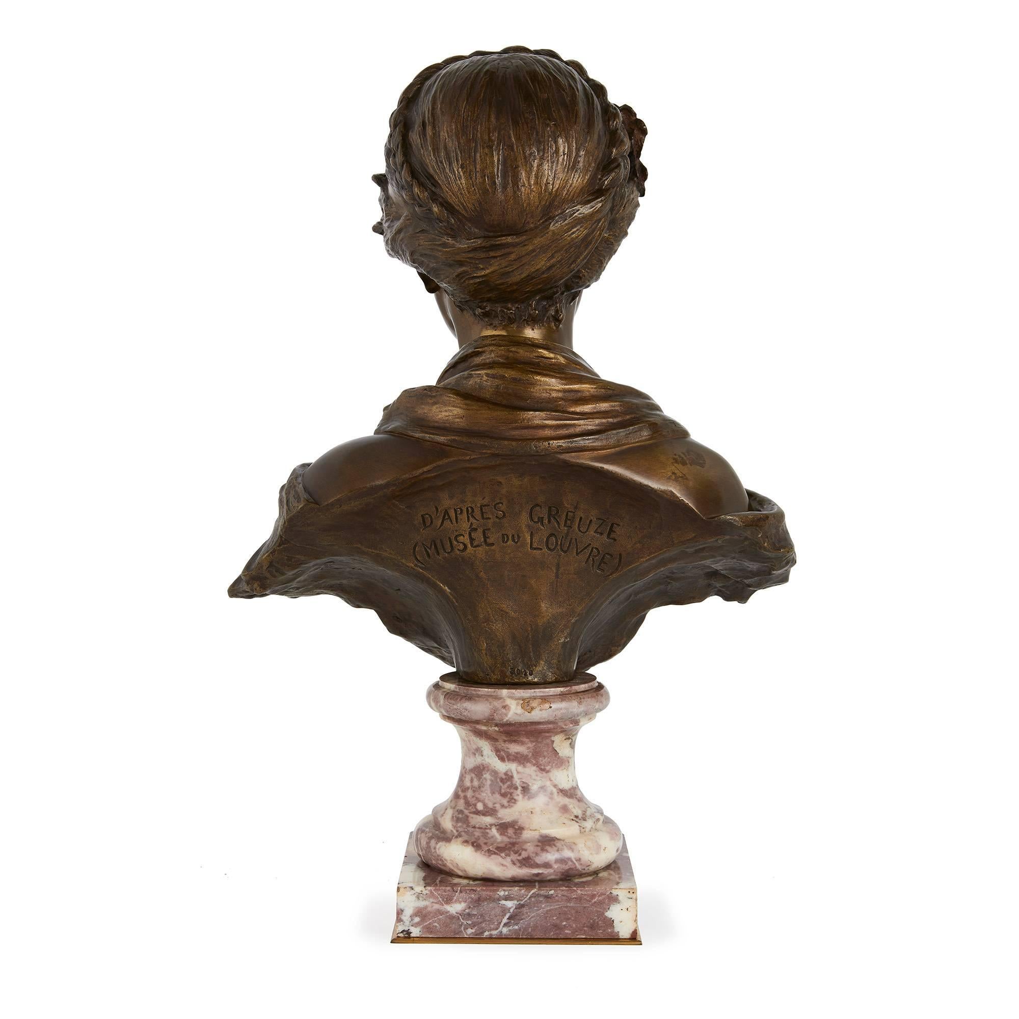 French Patinated Bronze Antique Bust of a Young Lady, after Greuze For Sale