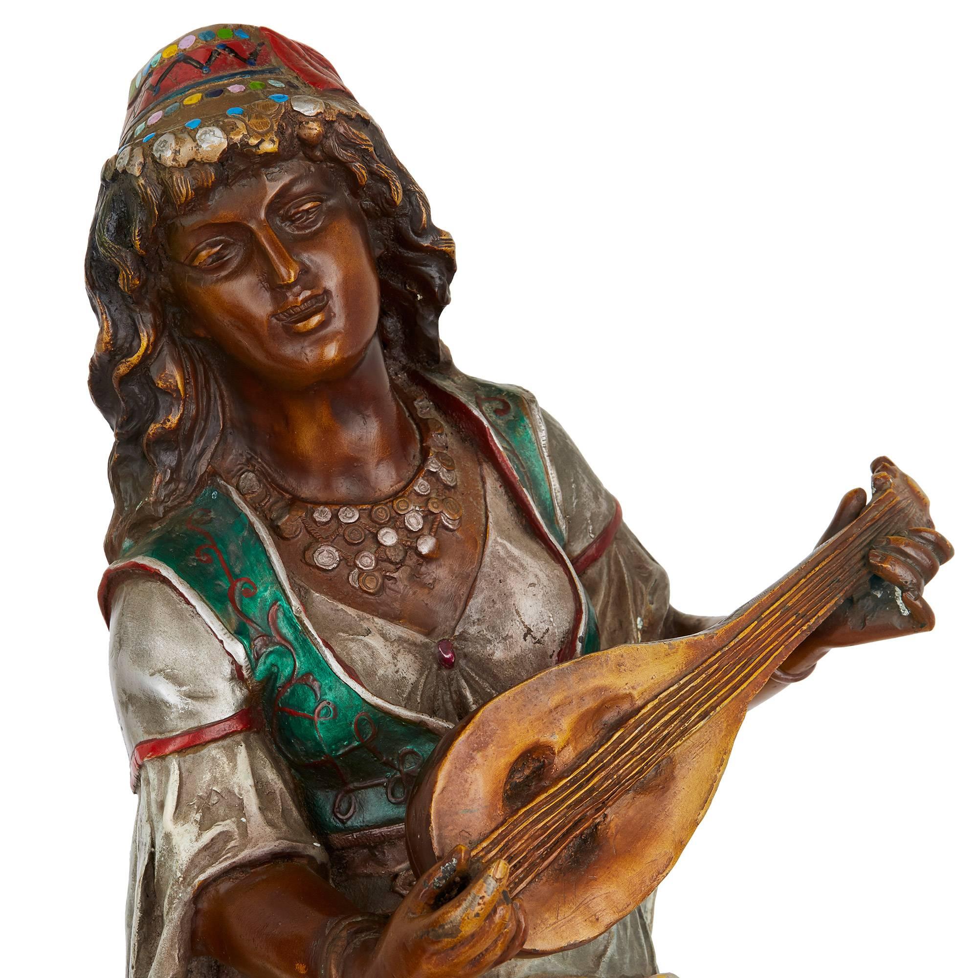 Cold-Painted Pair of Cold Painted Bronze Orientalist Figures of Musicians For Sale