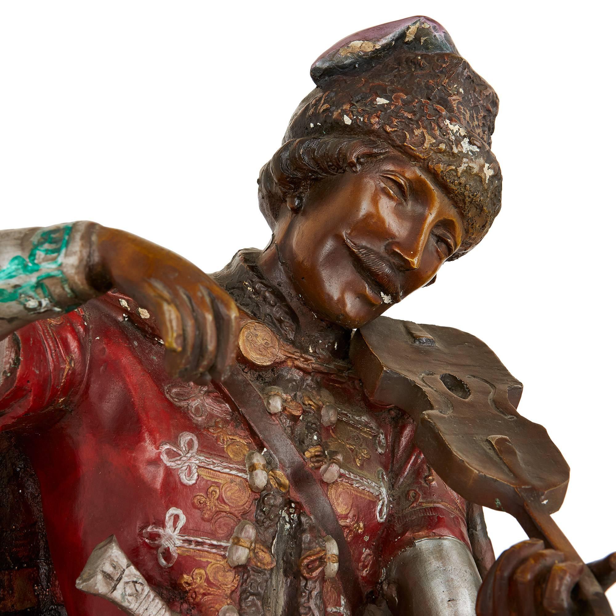 Austrian Pair of Cold Painted Bronze Orientalist Figures of Musicians For Sale