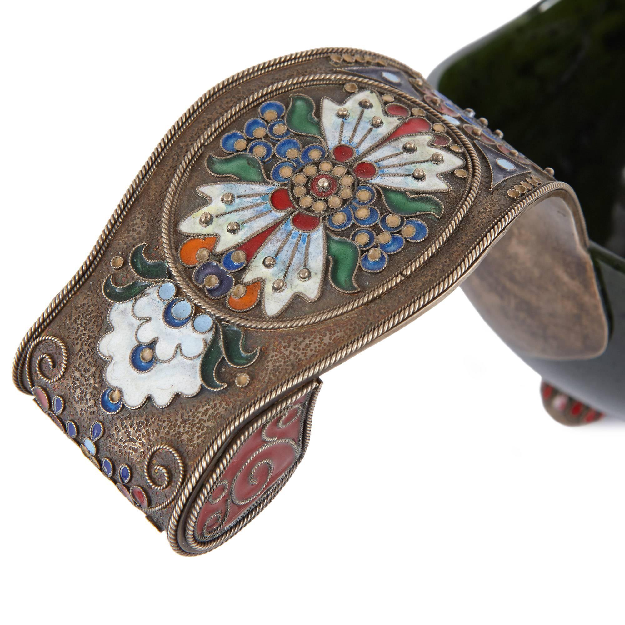 20th Century Silver, Nephrite and Cloisonné Enamel Fabergé Style Russian Kovsch For Sale