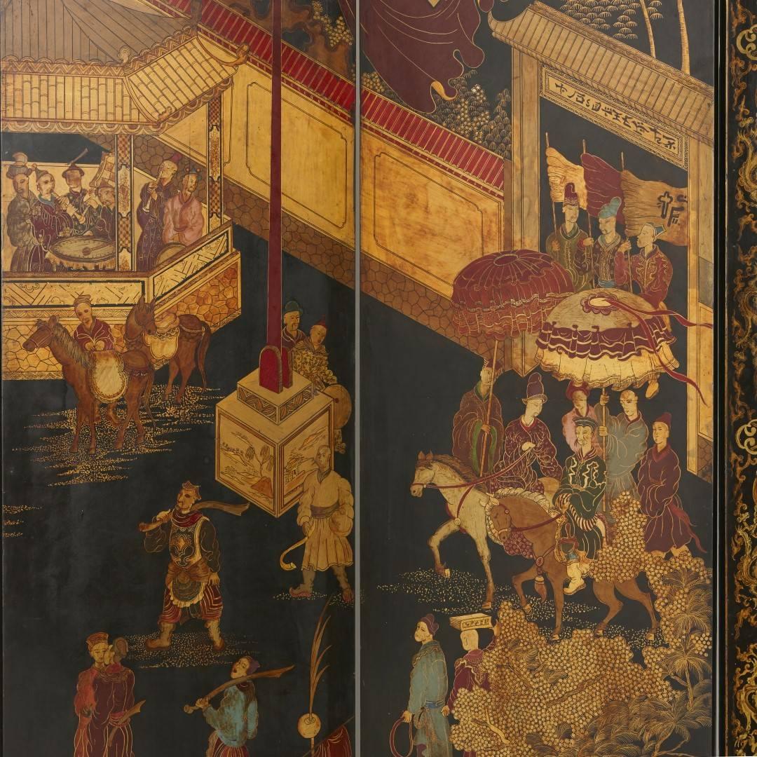 Parcel-gilt and depicting a scene of a temple courtyard with figures and animals.

This fine Chinese antique screen was crafted in the late Qing period and features an impressive narrative scene that continues across its panels.

Measures: Each