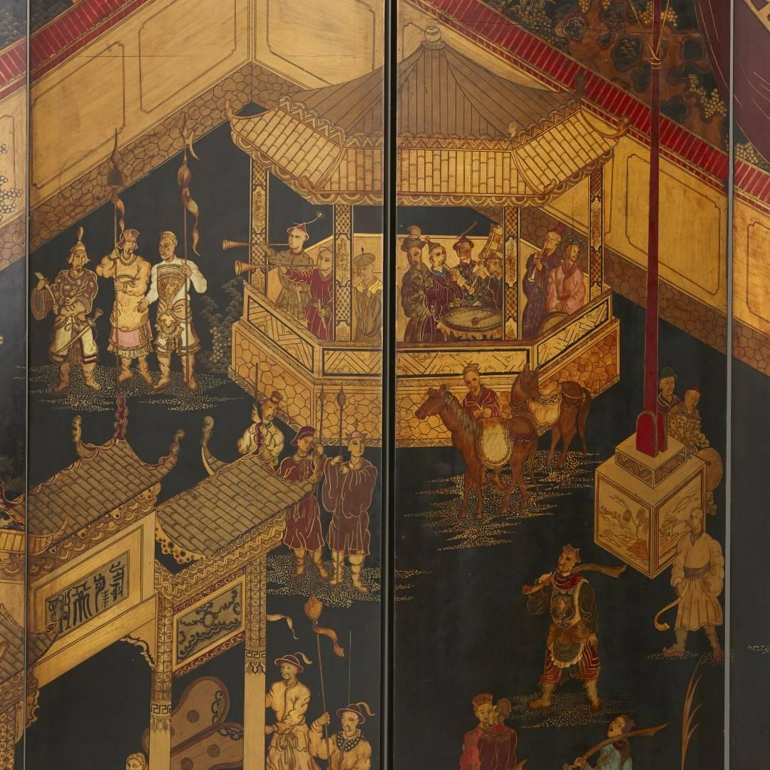Qing Lacquered and Ebonized Wood Six Panel Chinese Folding Screen
