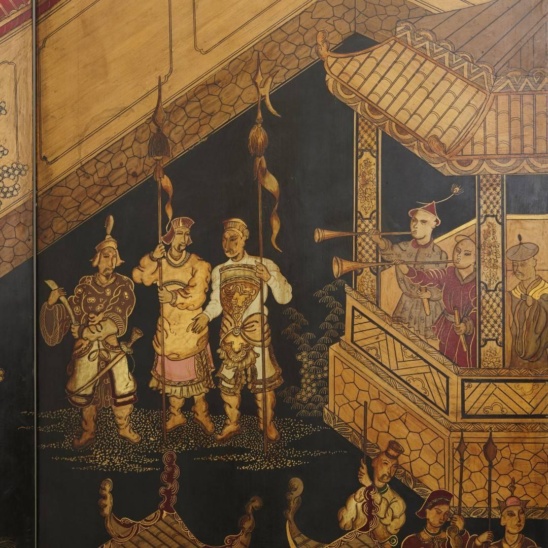 19th Century Lacquered and Ebonized Wood Six Panel Chinese Folding Screen