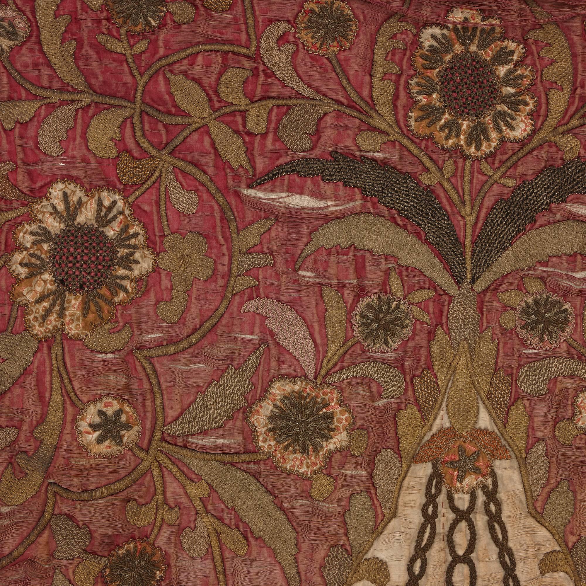 Islamic Red Silk Satin 18th Century Embroidered Prayer Rug