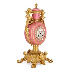 Sèvres Style Gold Ormolu and Pink Porcelain Antique French Three-Piece Clock Set