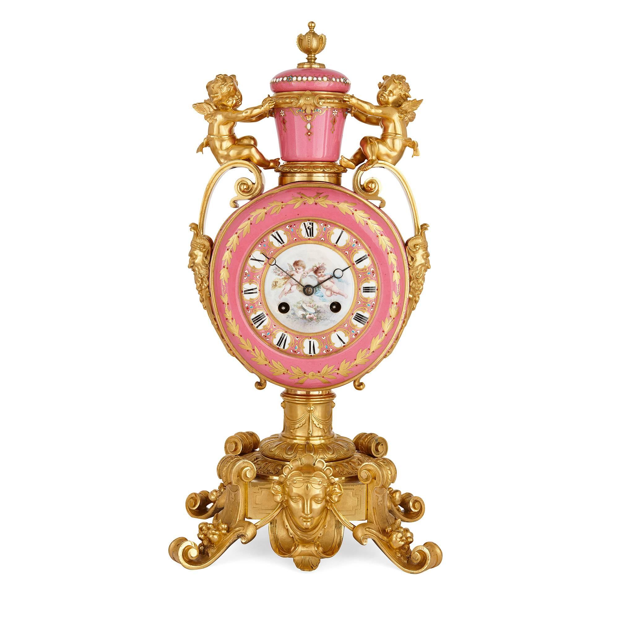 Neoclassical Sèvres Style Gold Ormolu and Pink Porcelain Antique French Three-Piece Clock Set For Sale