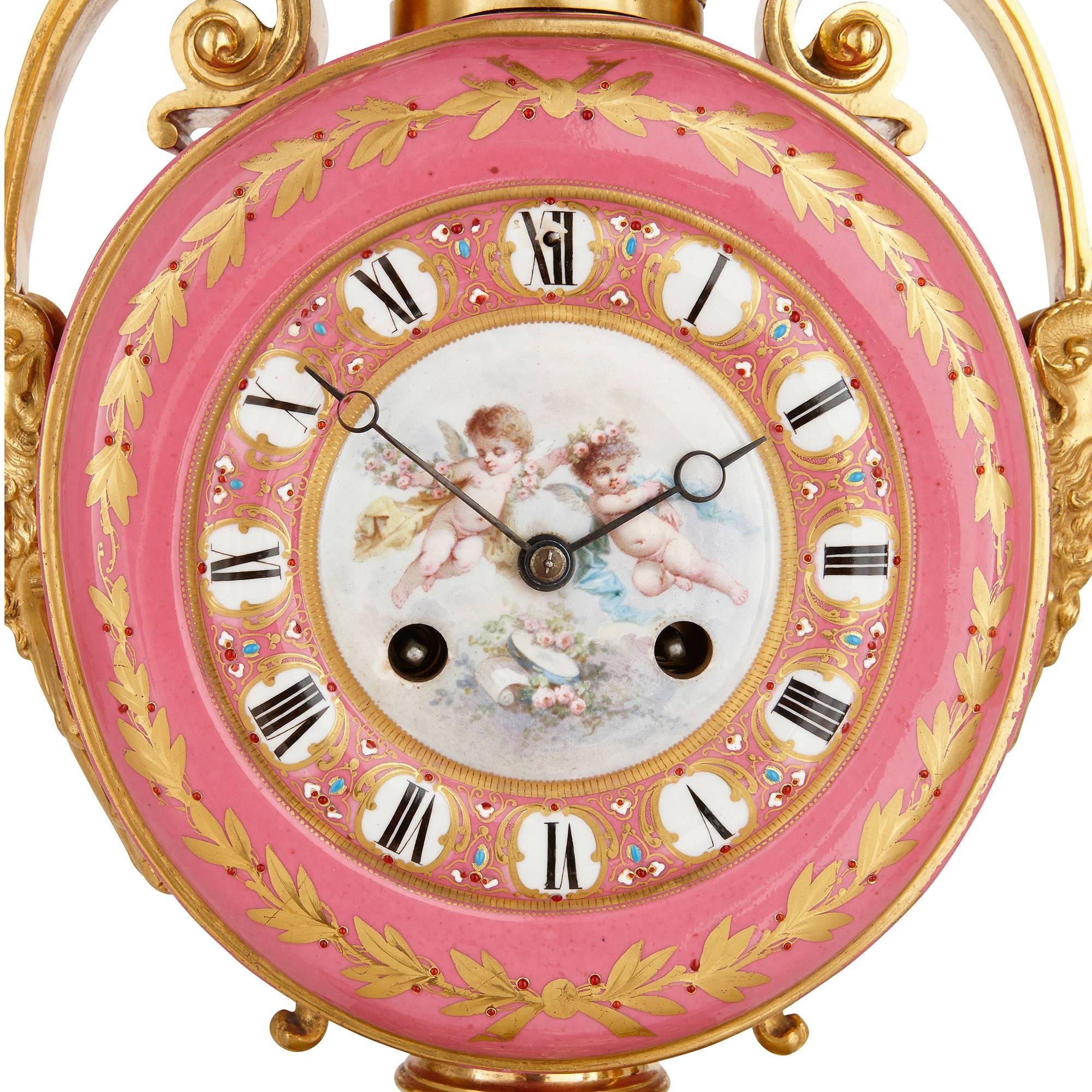 Gilt Sèvres Style Gold Ormolu and Pink Porcelain Antique French Three-Piece Clock Set For Sale