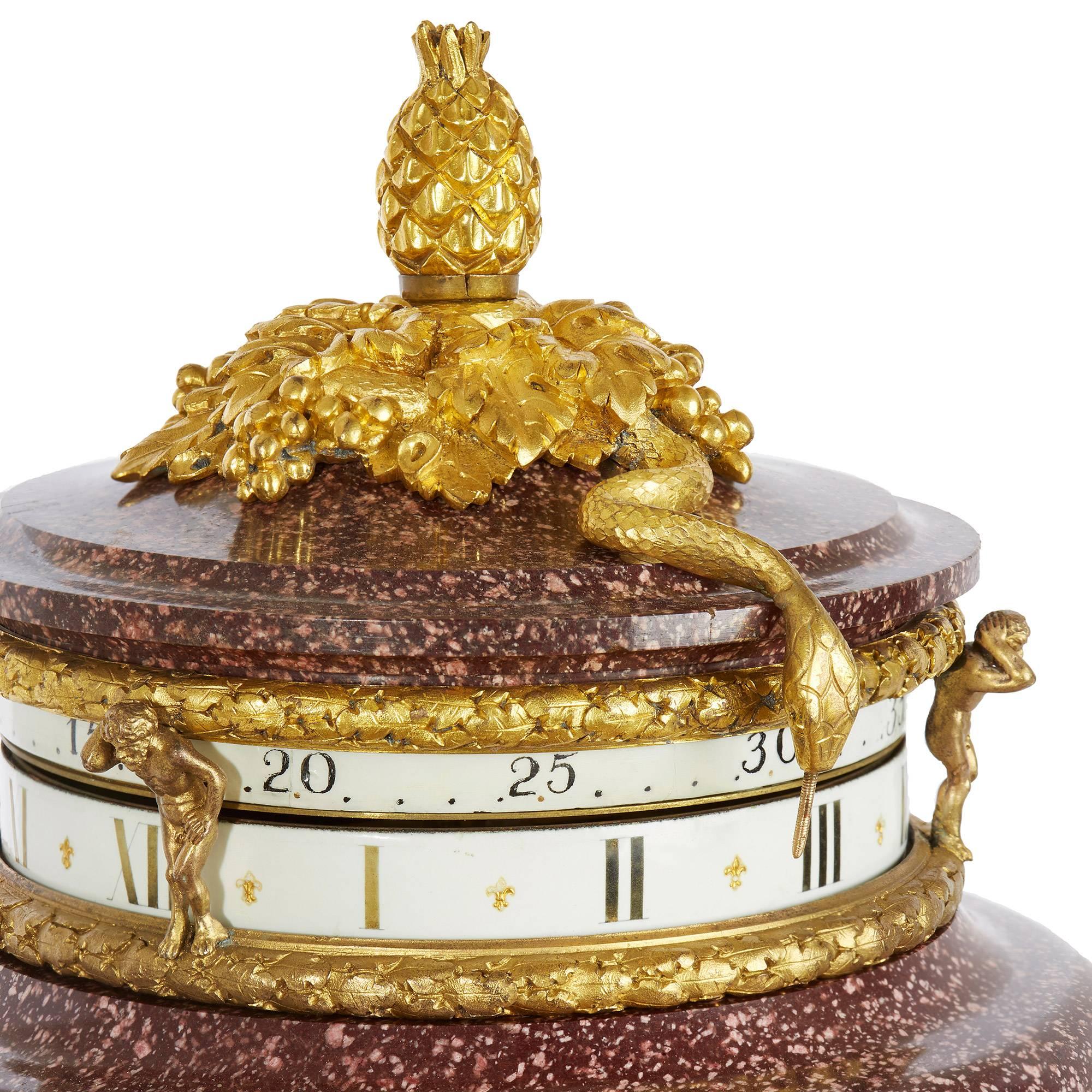 Gilt Neoclassical Style Ormolu and Porphyry Cercle Tournant Fine French Mantel Clock For Sale
