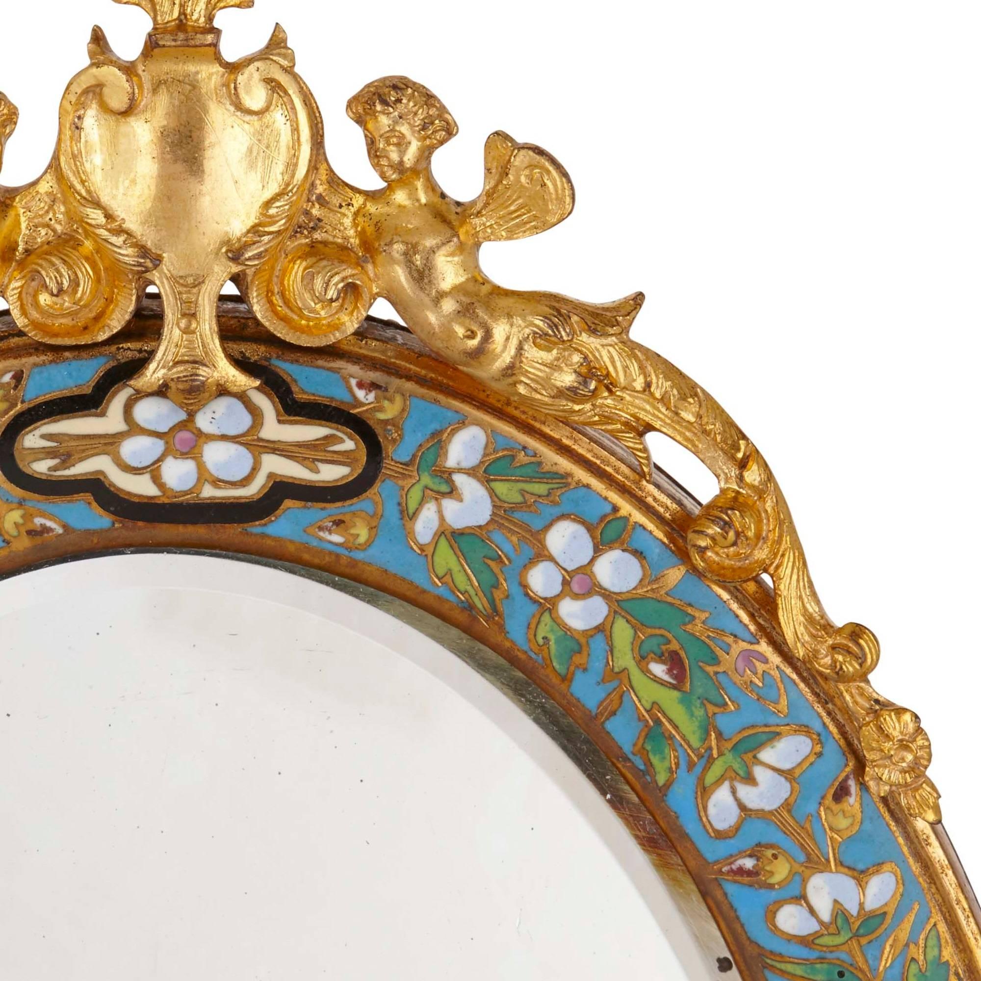 Belle Époque Gilt Bronze, Champlevé Enamel and Alabaster Antique French Dressing Table Mirror
