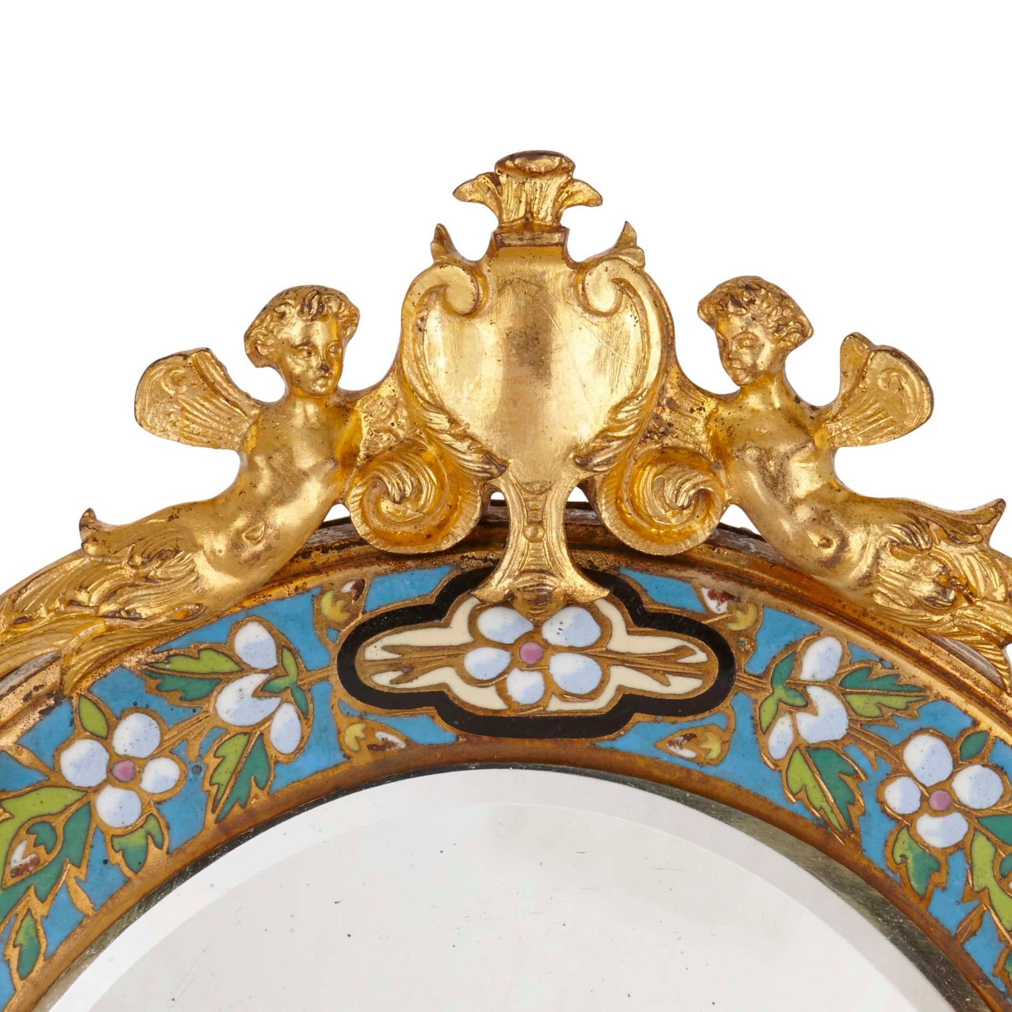 Gilt Bronze, Champlevé Enamel and Alabaster Antique French Dressing Table Mirror In Good Condition In London, GB