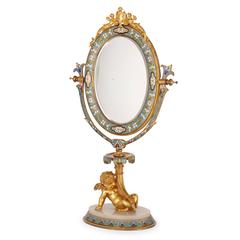 Espejo de tocador francés antiguo de bronce dorado, esmalte champlevé y alabastro