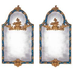 Pair of Baroque Style Hand-Carved Giltwood and Blue Painted Italian Mirrors 12