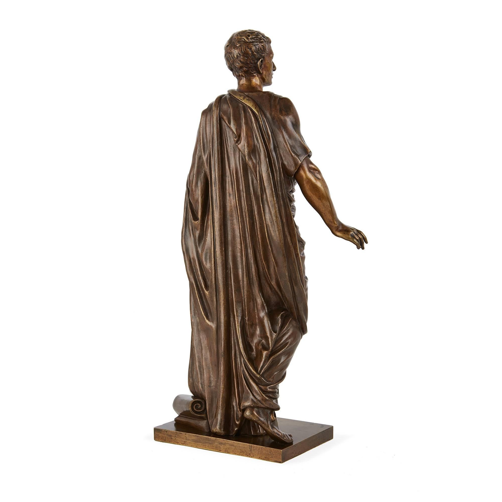 This fine, full length figure is modelled in the contrapposto pose, a position originating from ancient Greek Classical sculpture. The visual arts uses the term 'contrapposto' to describe a figure who stands with most of their weight on one foot, so