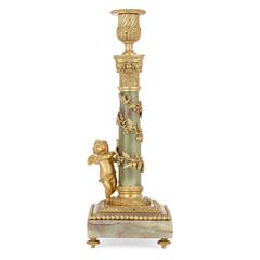 Pair of Gilt Metal Mounted Green Onyx French Candlesticks