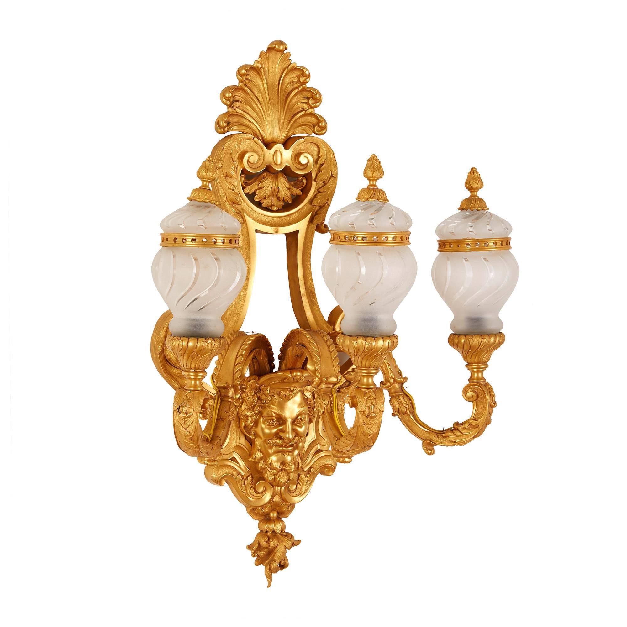Belle Époque Set of Four French Gilt Bronze ‘Ormolu’Mounted Glass Three-Light Wall Lights For Sale