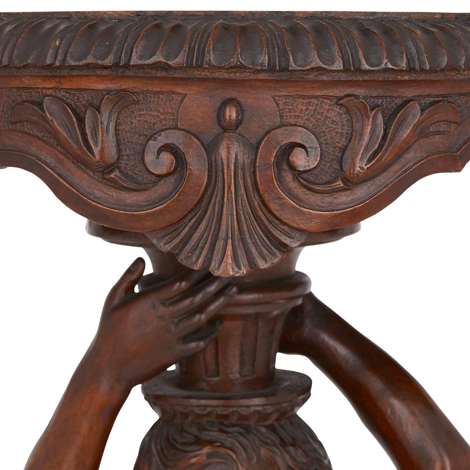 19th Century Antique Pair of Finely Hand-Carved Walnut Baroque Style Side Tables