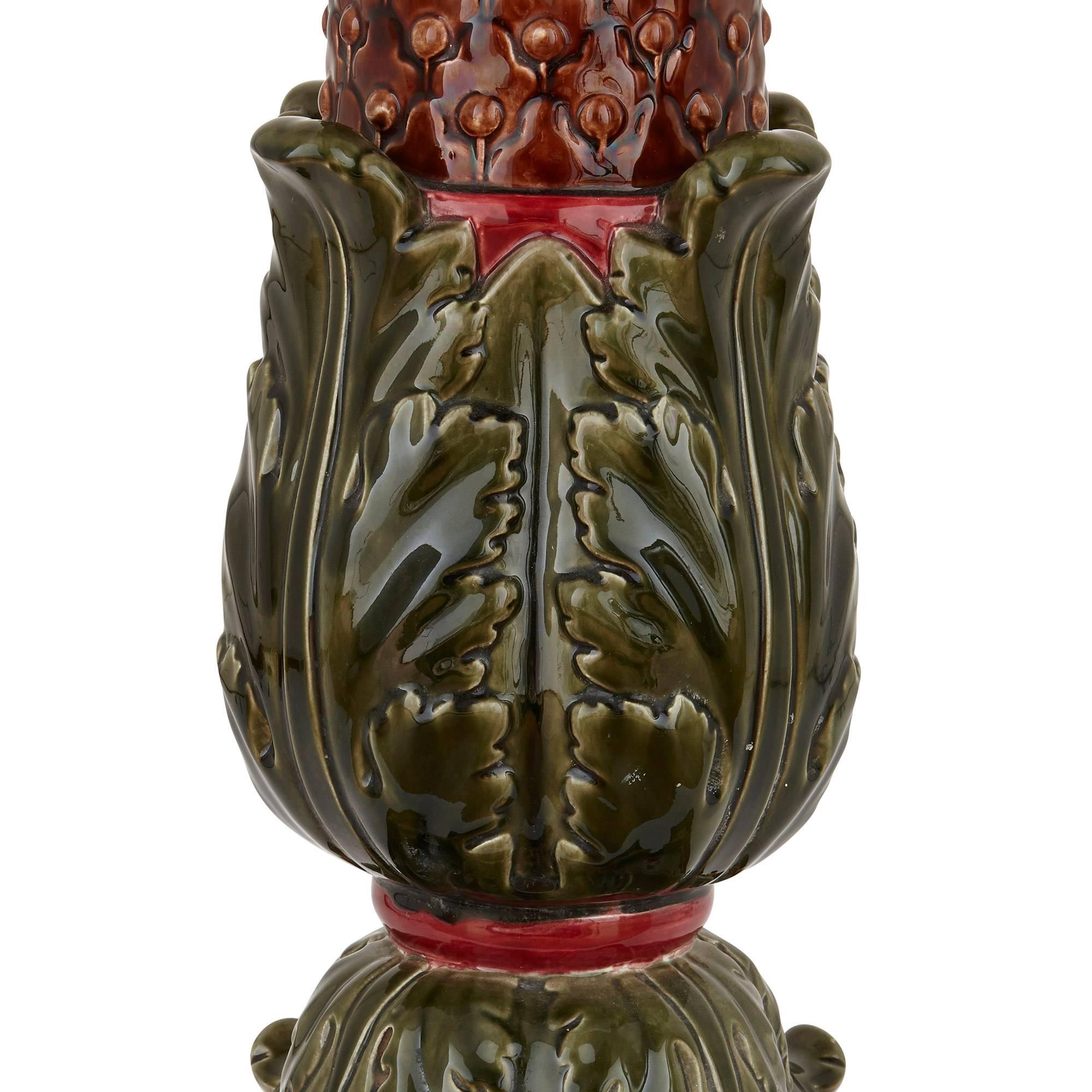 French Antique Majolica Pedestal from Sarreguemines in the Arts & Crafts Style