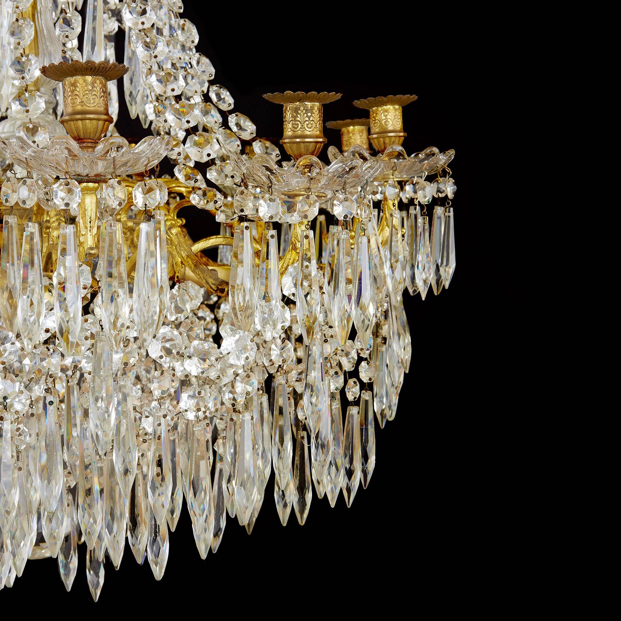 Large Gilt Bronze and Crystal Antique French Chandelier in the Empire Style In Good Condition In London, GB
