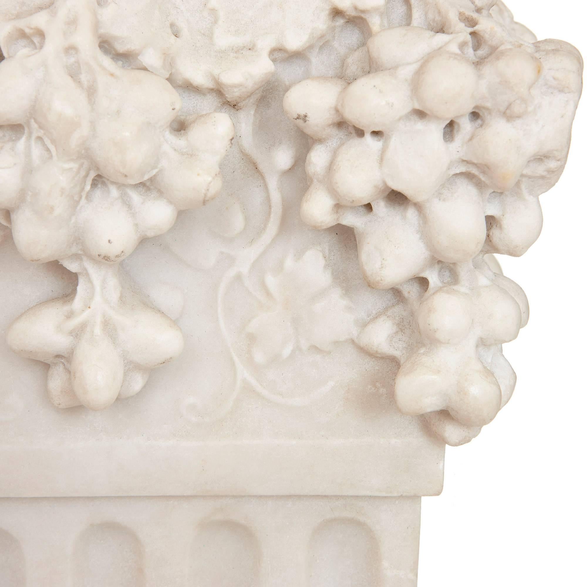 Neoclassical White Marble Antique Italian Pedestal with Fluted Column, Depicting Dionysus